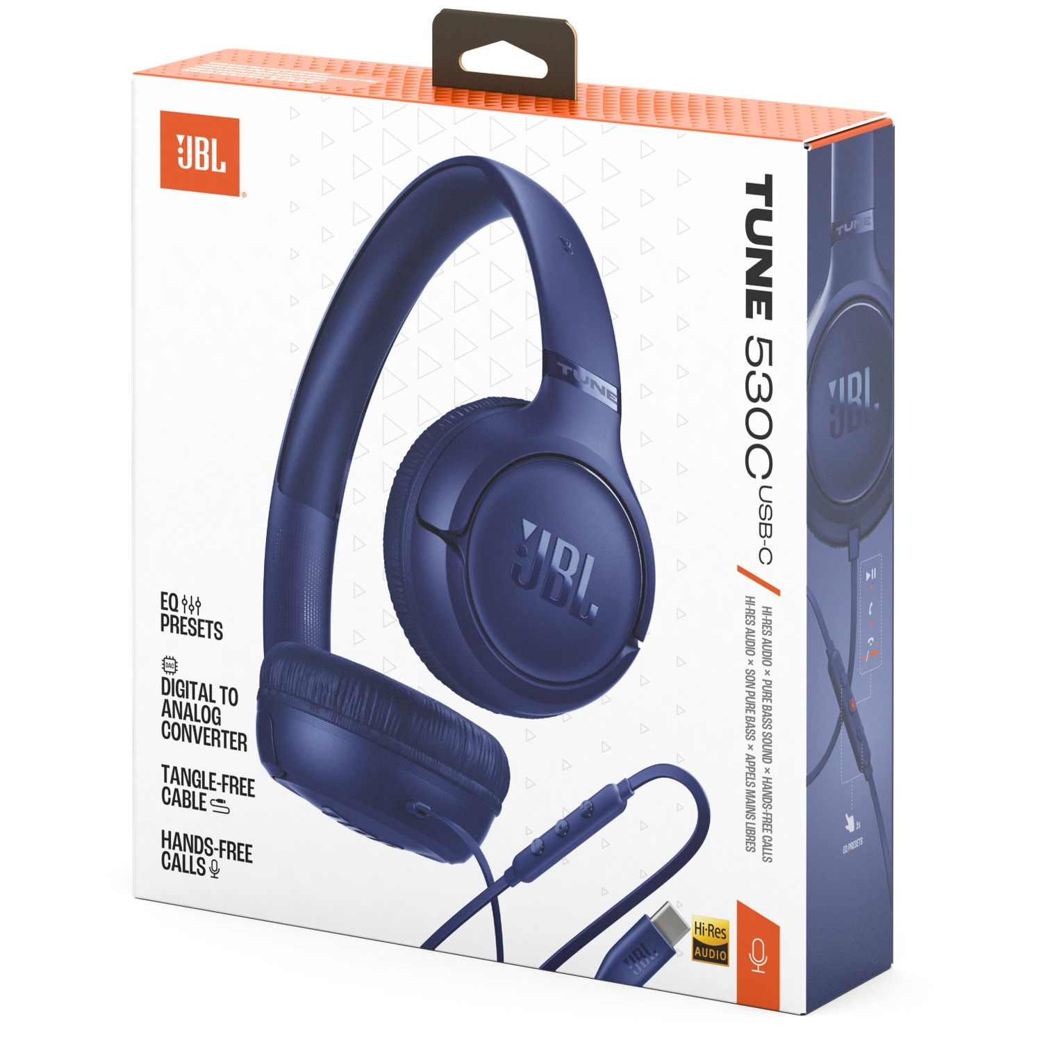 JBL Tune 530C USB-C Kopfhörer auf einer Schachtel. Blaue Kopfhörer, weiße und orangefarbene Schachtel. Merkmale: Hi-Res Audio, Pure Bass, Freisprechen.