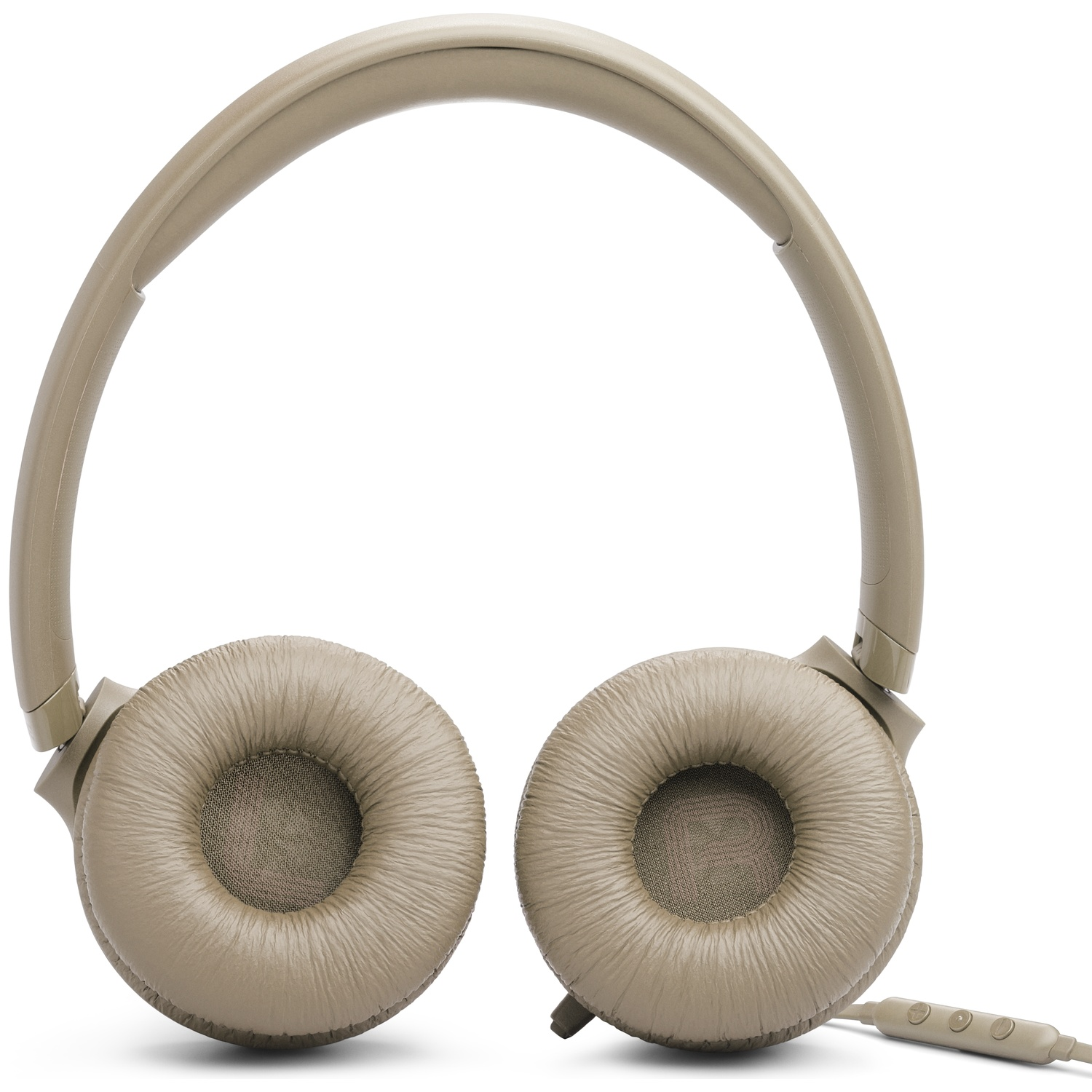Beige headphones on white background. Earcups are round with mesh. Headband arches over the top. A remote is attached.