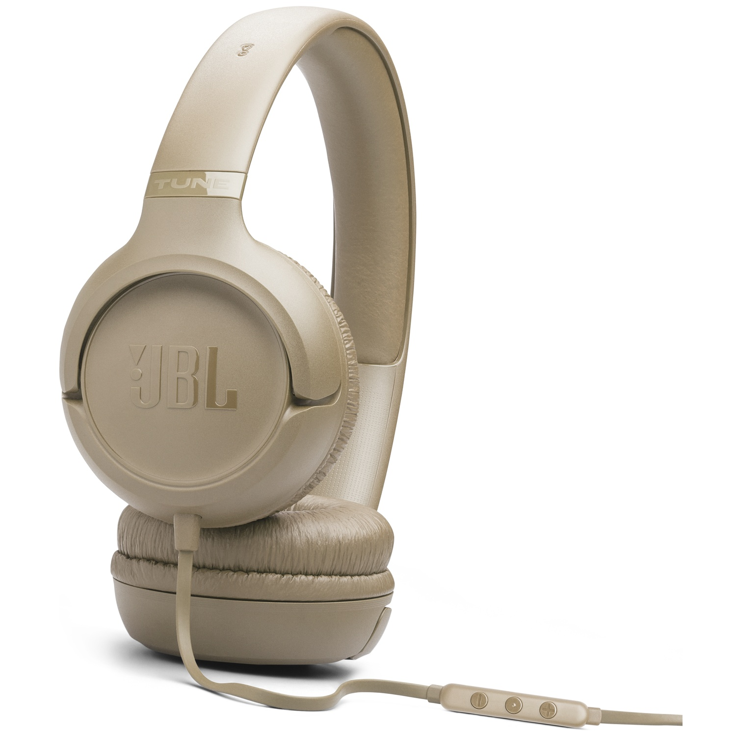 Tan JBL Tune headphones on a white background. The headphones are wired and have a control button on the wire.