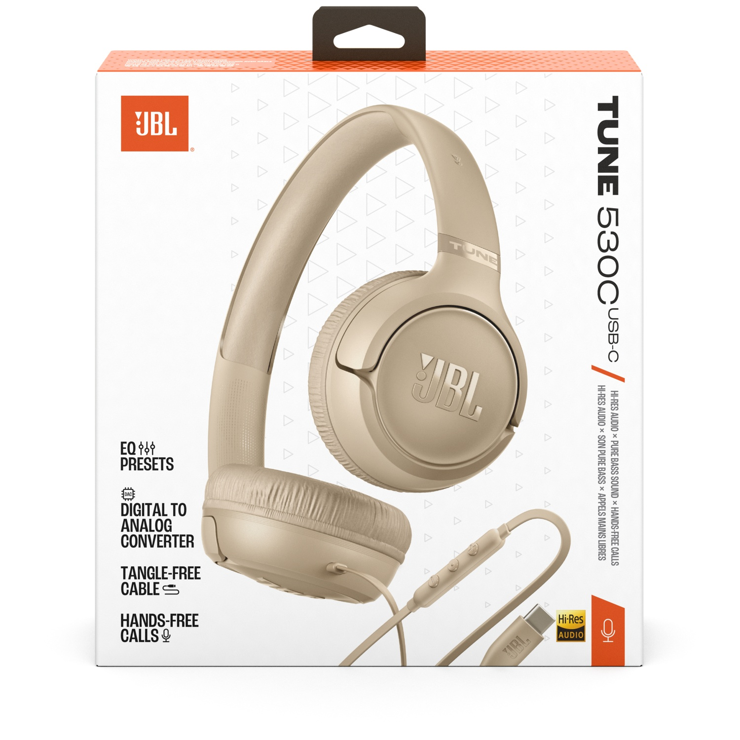 Beige JBL Tune 530C USB-C headphones on a box. Features: EQ presets, digital to analog converter, tangle-free cable, and hands-free calls.