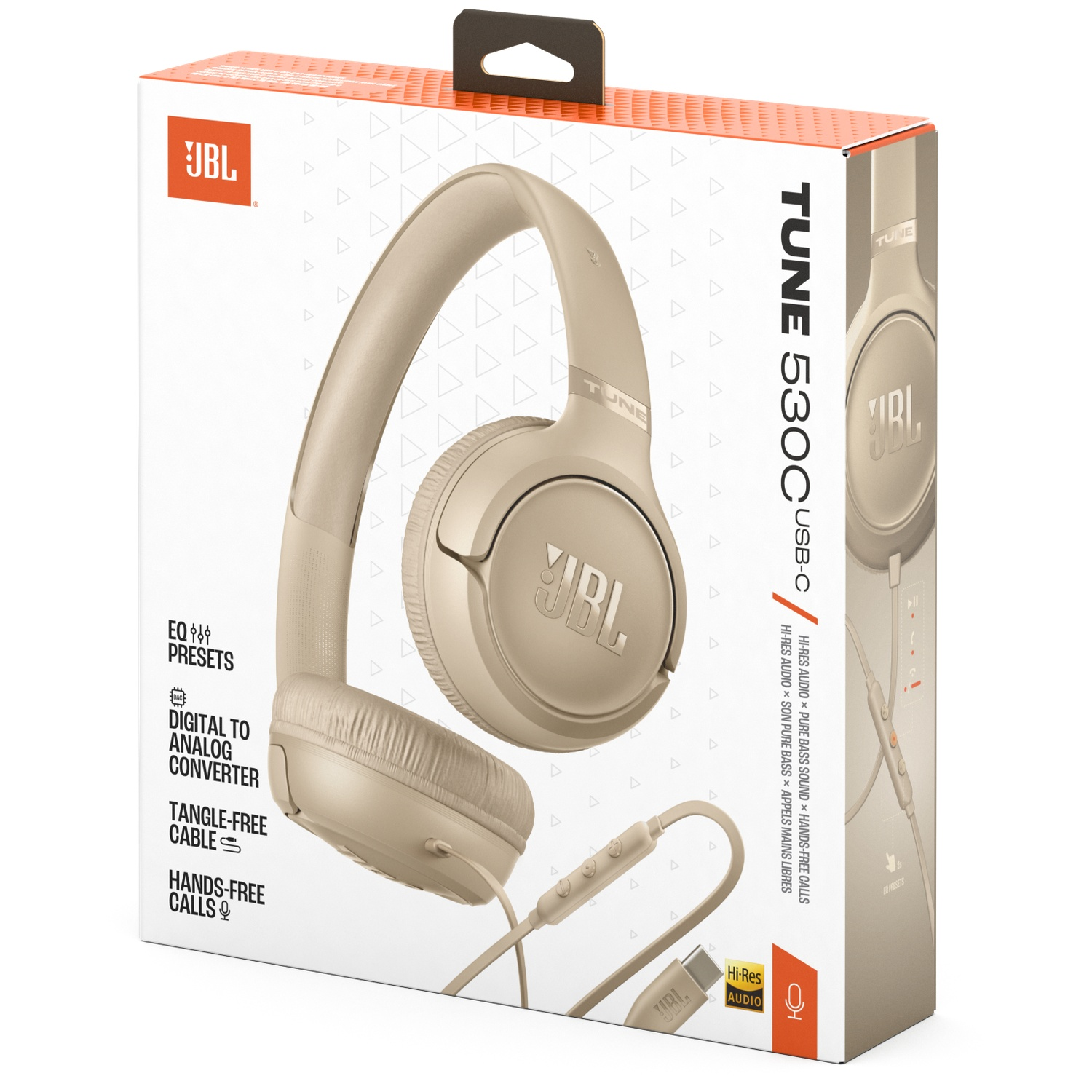 A beige JBL Tune 530C USB-C headphones box. The box displays the headphones and features such as hi-res audio and hands-free calls.