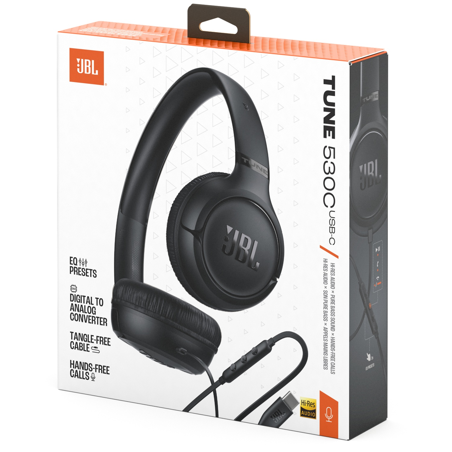 Schwarzer JBL Tune 530C USB-C Kopfhörer in der Box. Zu den Merkmalen gehören EQ-Voreinstellungen, Digital-Analog-Wandler, kabelfreies Kabel und Freisprechanrufe.