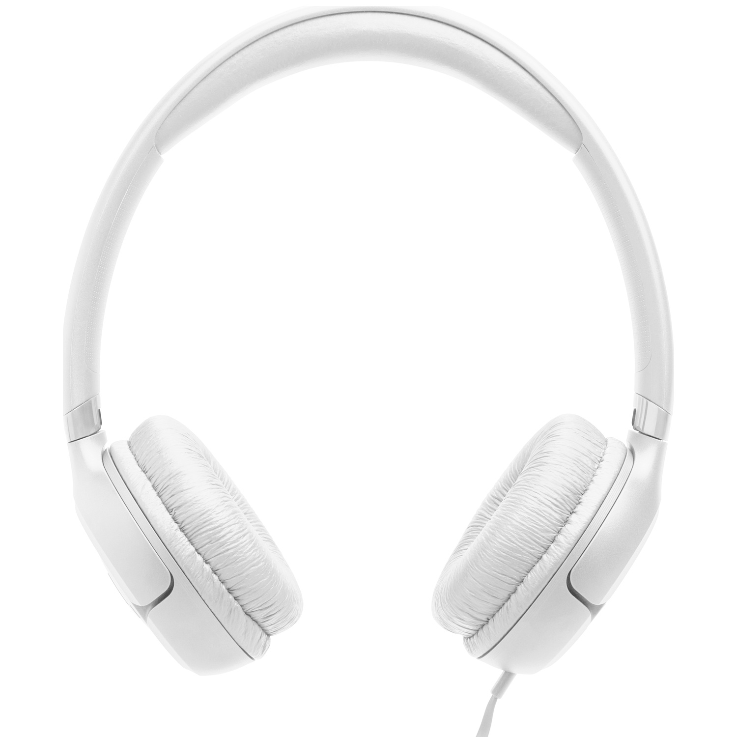 White headphones with a padded headband and earcups. A white cable extends from one earcup.