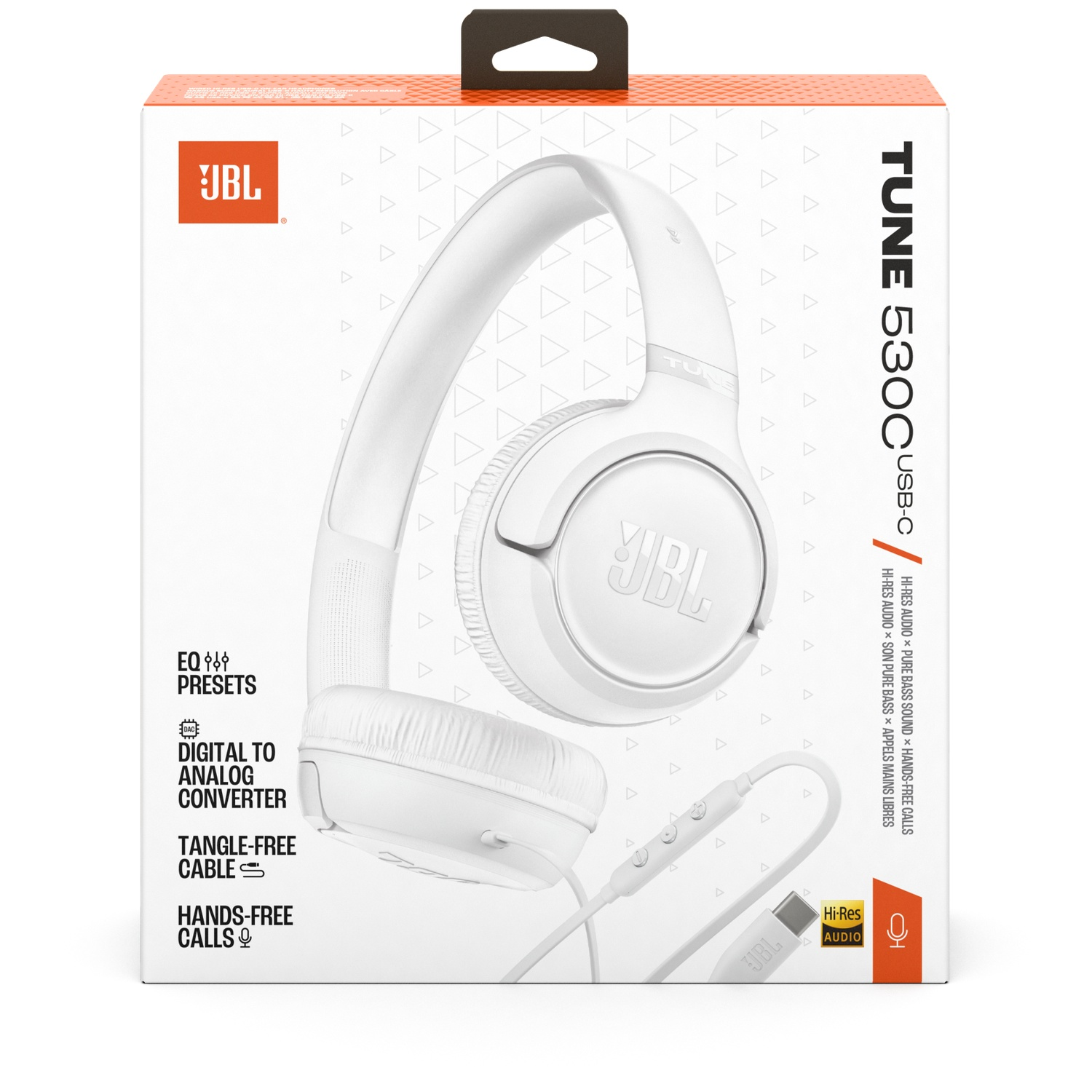 White JBL Tune 530C USB-C headphones on a white box. Features include EQ presets, digital to analog converter, tangle-free cable.