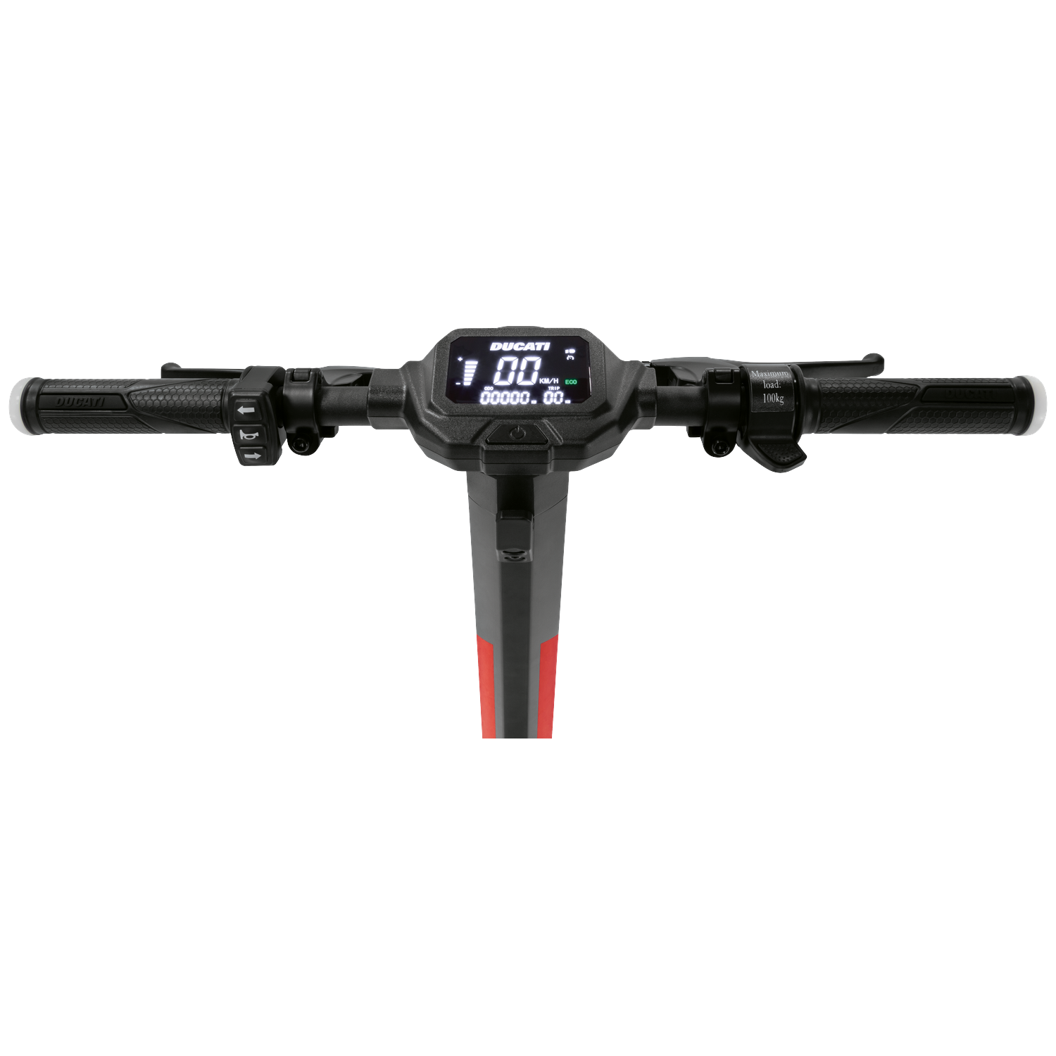 Stuur van Ducati elektrische scooter. Digitaal display toont snelheid en andere gegevens. Zwarte handgrepen, bediening en een rode streep.