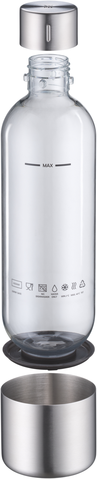 Eine klare Glaswasserflasche wird zerlegt gezeigt. Sie hat einen Deckel, einen Boden und einen Becher aus Edelstahl. Die Flasche hat eine Max-Linie.