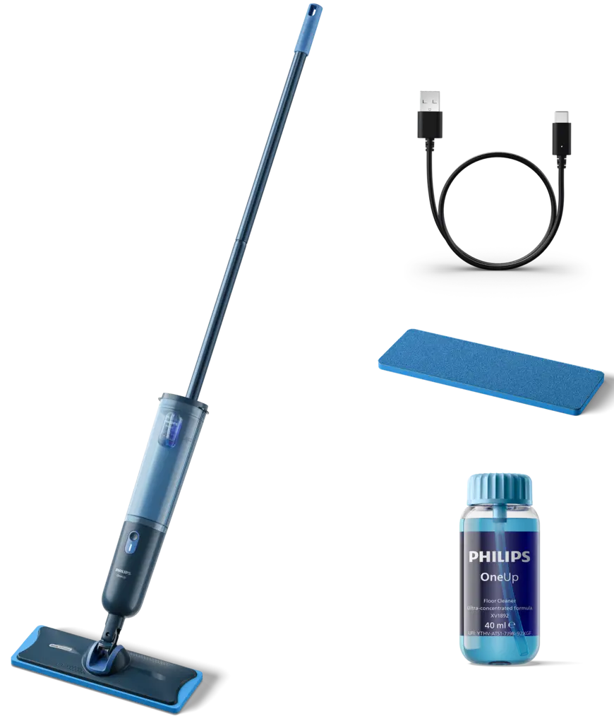 Zestaw do czyszczenia podłóg Philips. Zawiera mop, butelkę z płynem czyszczącym, kabel ładujący i niebieską nakładkę czyszczącą, wszystko na czarnym tle.