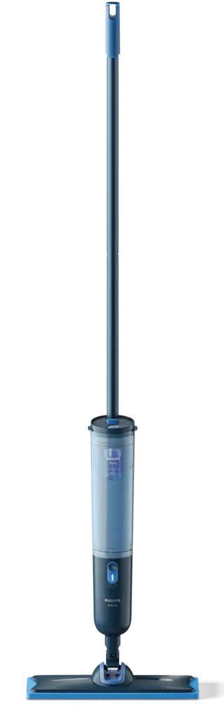 Niebiesko-szary mop parowy Philips stoi wyprostowany. Ma długi uchwyt, zbiornik na wodę i prostokątną głowicę czyszczącą.
