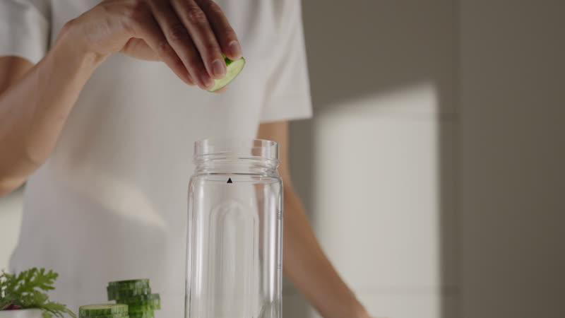 Eine Person lässt eine Gurkenscheibe in ein Glas fallen. Auf dem Tisch sind weitere Gurkenscheiben und Kräuter zu sehen.