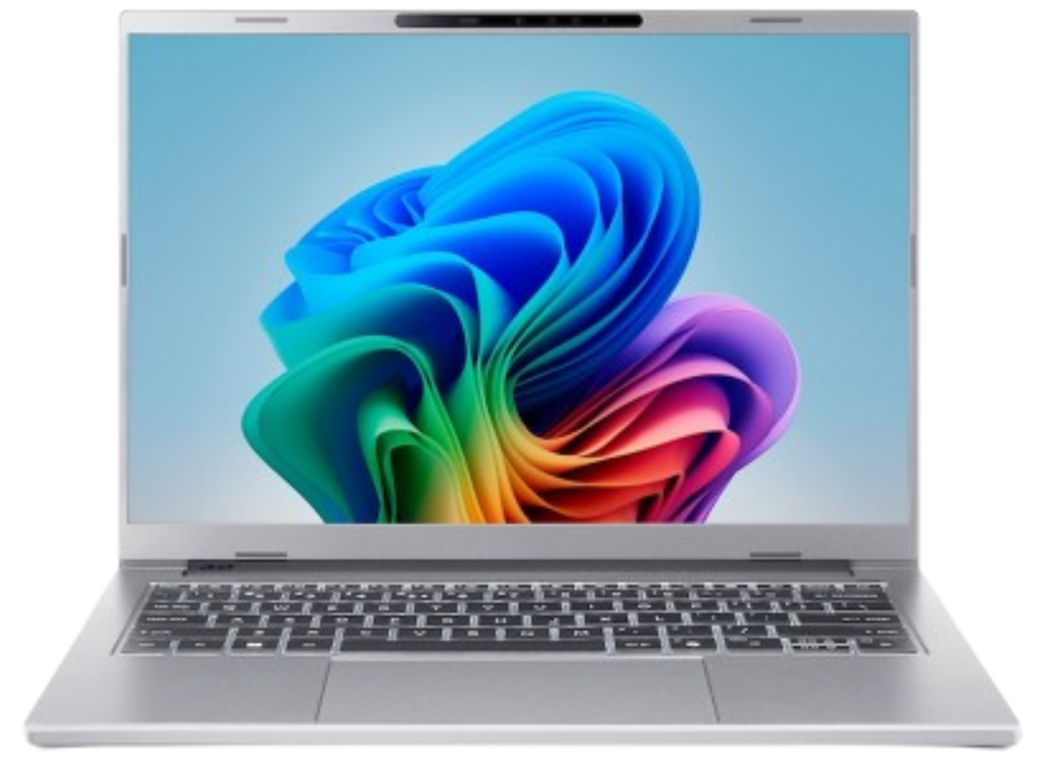 Portátil plateado mostrando una imagen abstracta colorida. Teclado y panel táctil visibles. Fondo azul y colorido.