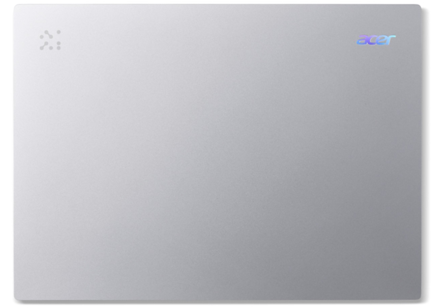 Tapa de portátil plateada. El logotipo de Acer está en la parte superior derecha, y un pequeño diseño en la parte superior izquierda.