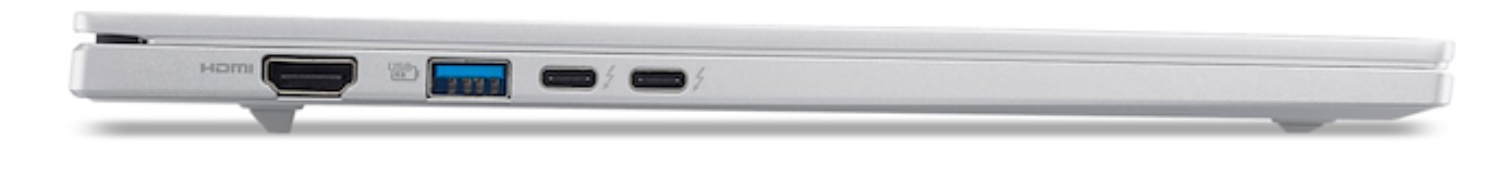 Vista lateral de un portátil blanco que muestra puertos: HDMI, USB, USB-C y Thunderbolt. El portátil está sobre una superficie blanca.