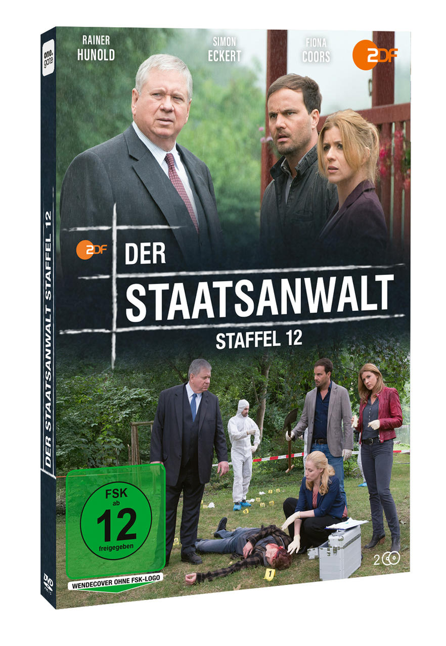 DVD-Cover für "Der Staatsanwalt Staffel 12". Zeigt Schauspieler, einen Tatort mit Opfer und den Titel der Serie.