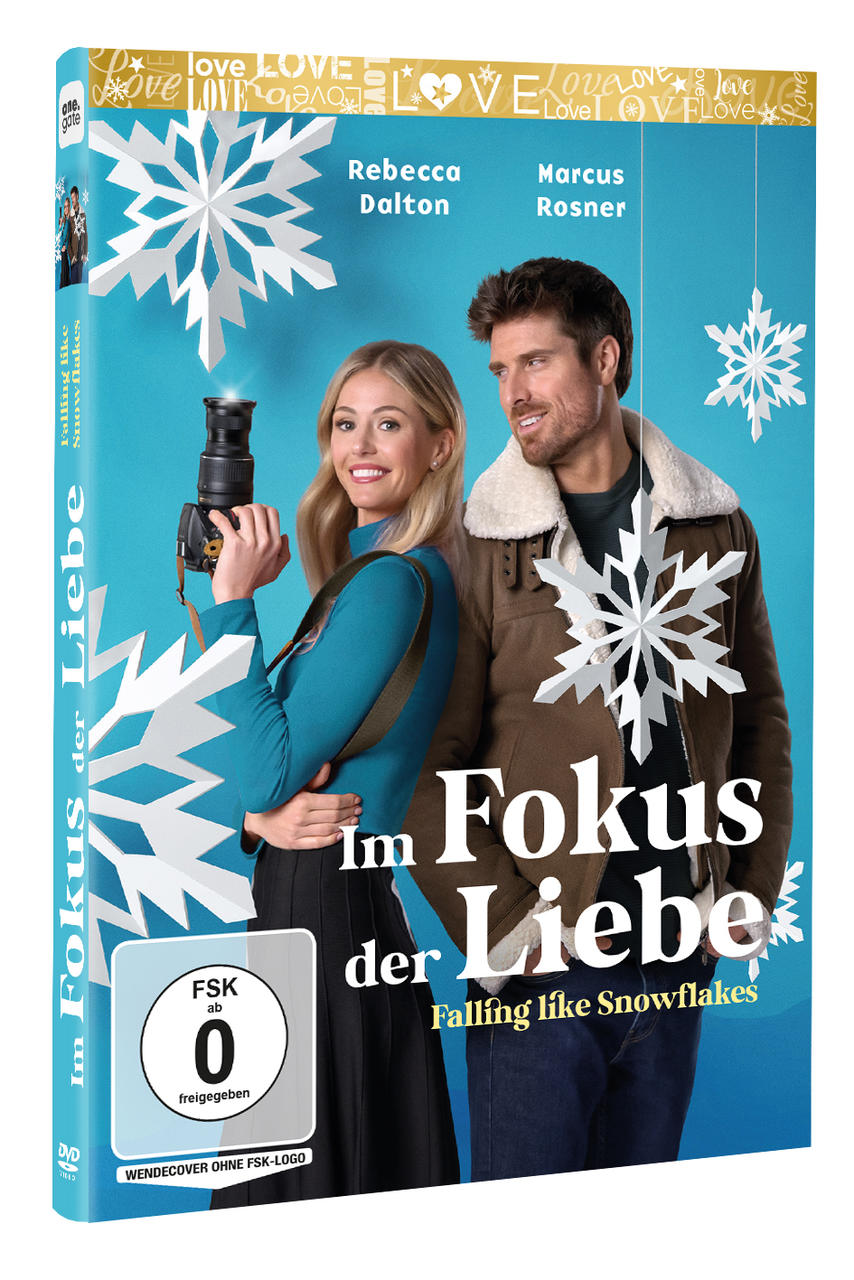 DVD-Cover von 'Falling Like Snowflakes'. Eine Frau hält eine Kamera, ein Mann lächelt. Schneeflocken und Titel sind sichtbar.