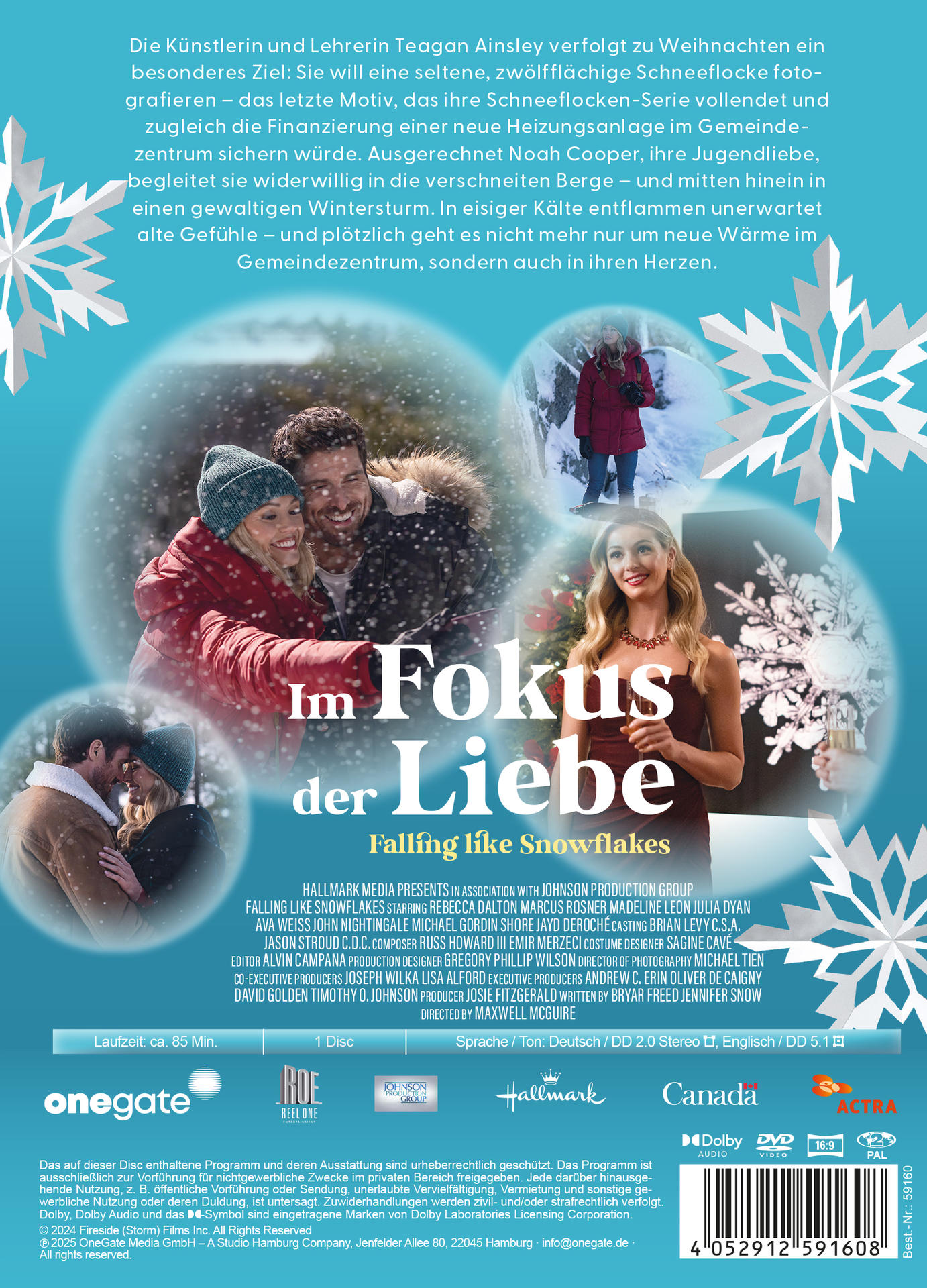 Filmposter zeigt ein sich umarmendes Paar im Schnee. Titel: Falling Like Snowflakes. Andere Leute sind auch gezeigt.