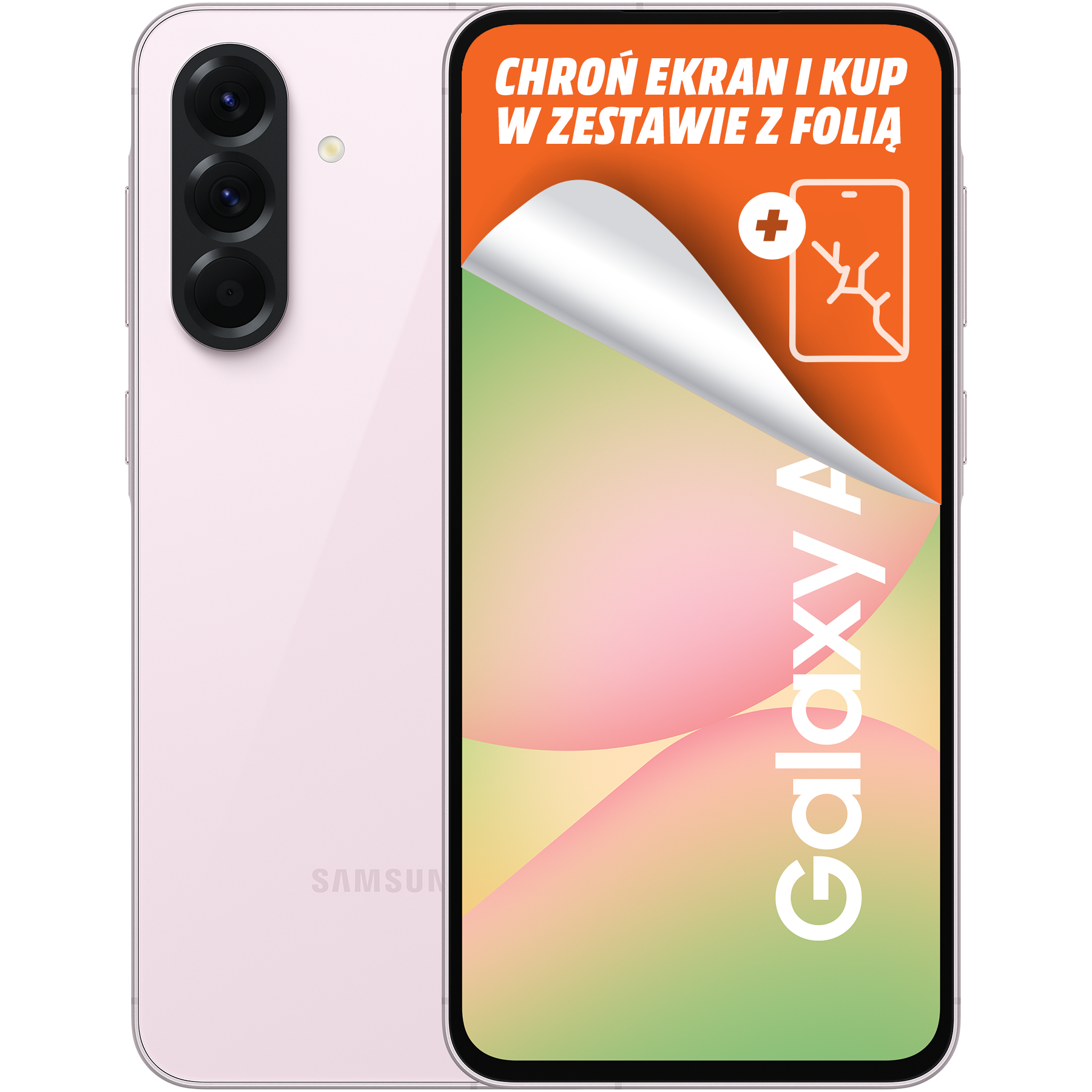 Różowy telefon Samsung Galaxy A z osłoną ekranu. Ekran pokazuje tekst i grafikę pękniętego ekranu.