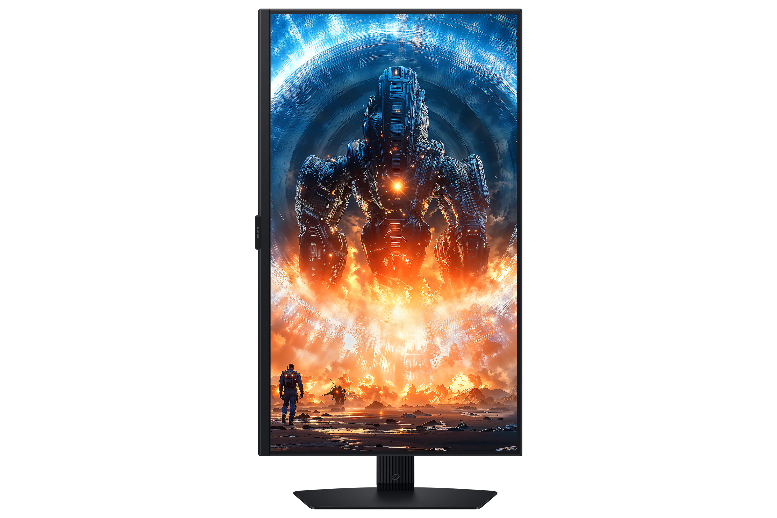 Futurystyczna scena przedstawia gigantycznego robota nad ogniem, z mężczyzną na pierwszym planie. Ekran.