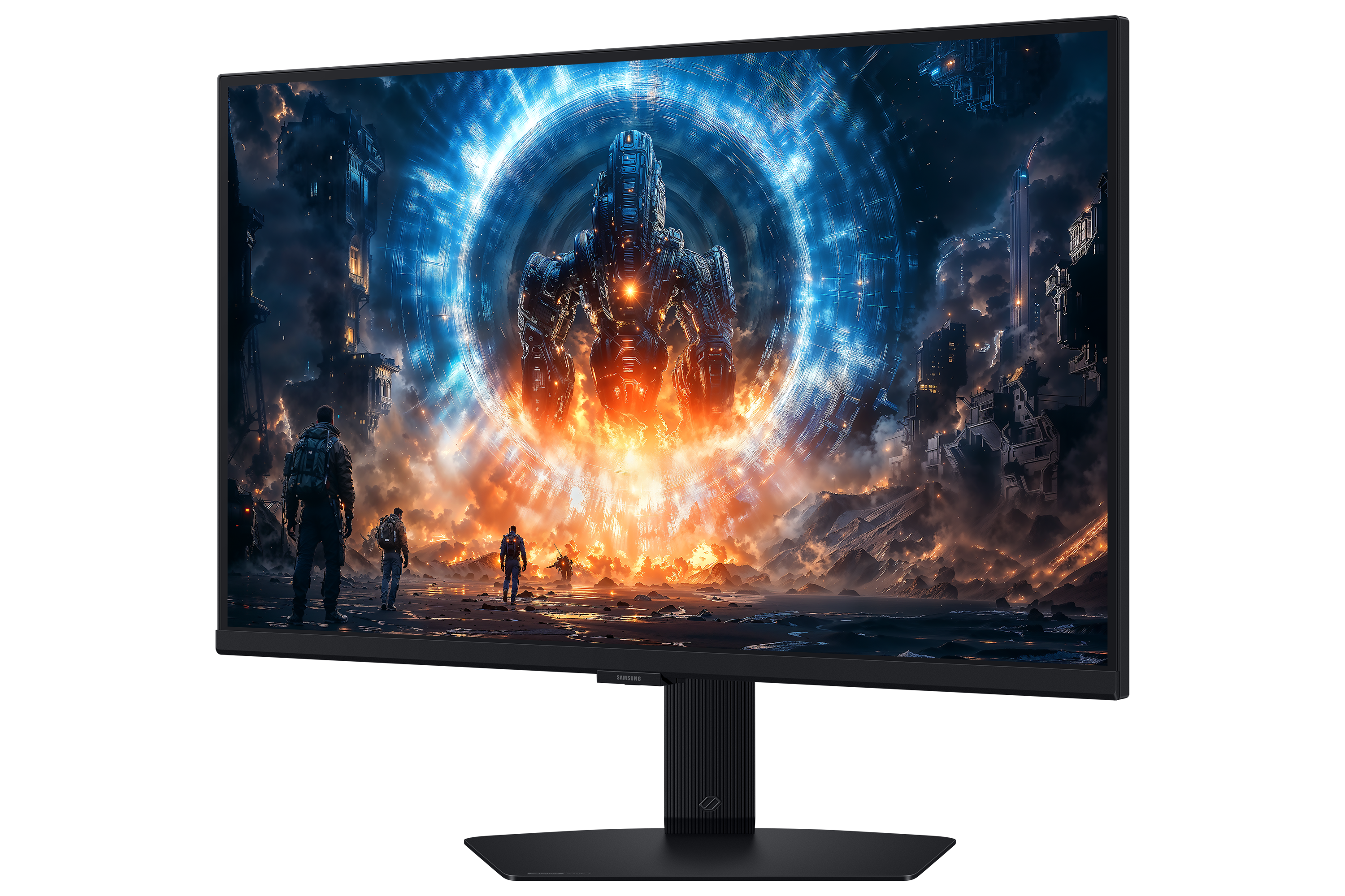 Monitor wyświetla scenę science-fiction z postaciami, robotem i ognistym tłem. Pierścień światła pośrodku.