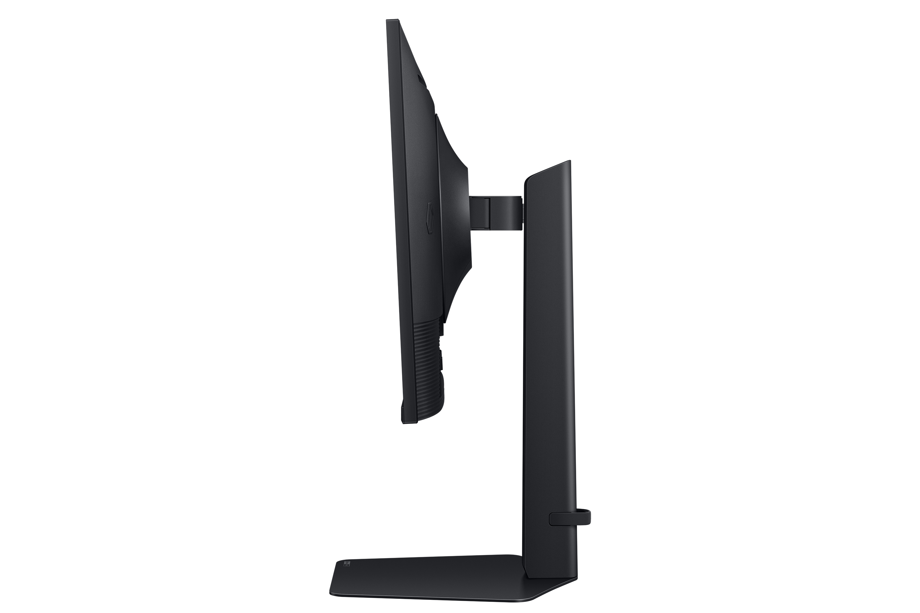 Czarny monitor komputera, widok z boku. Ma podstawę i ekran. Tło jest czarne.