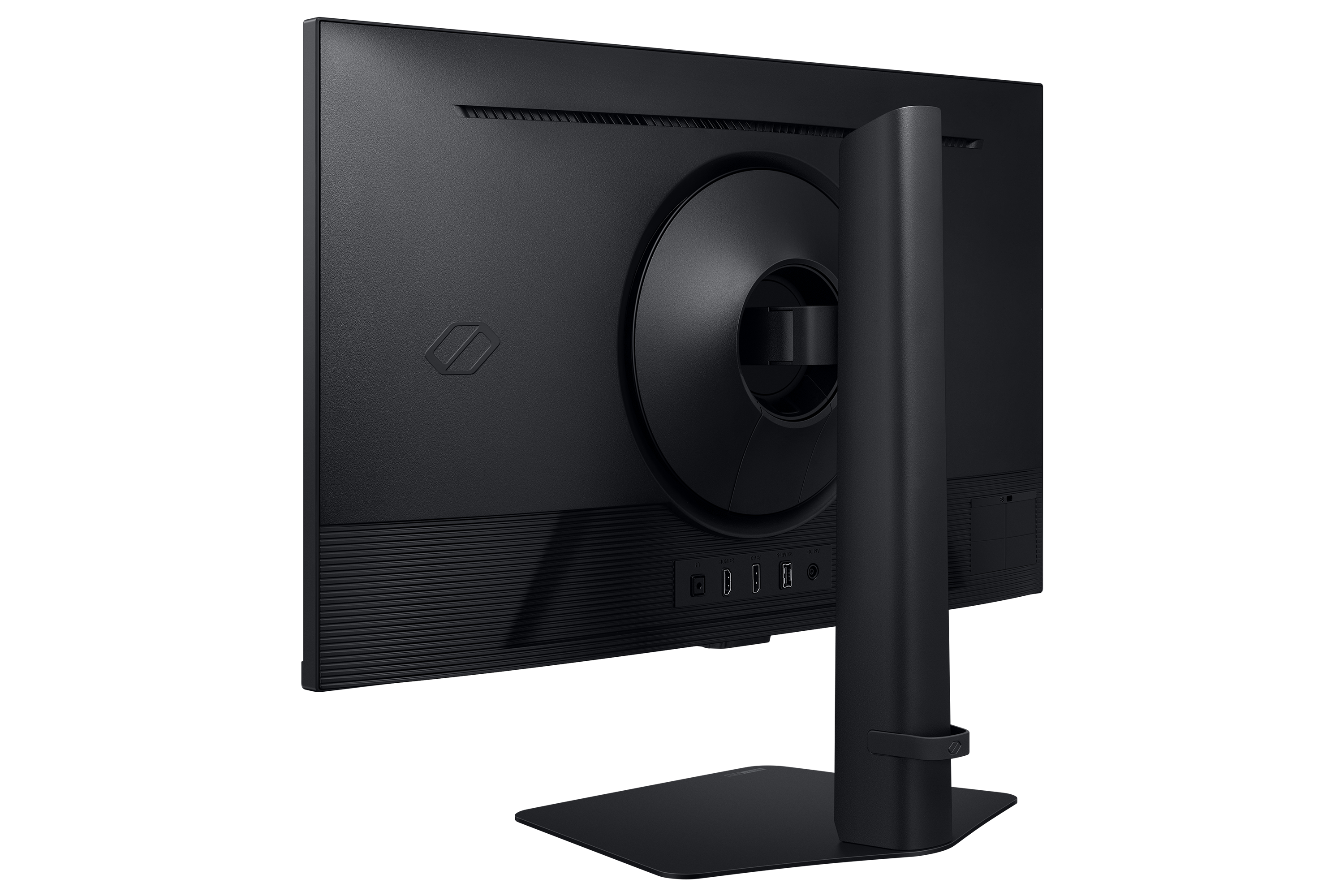 Widok z tyłu czarnego monitora komputera. Widoczny jest stojak i porty.