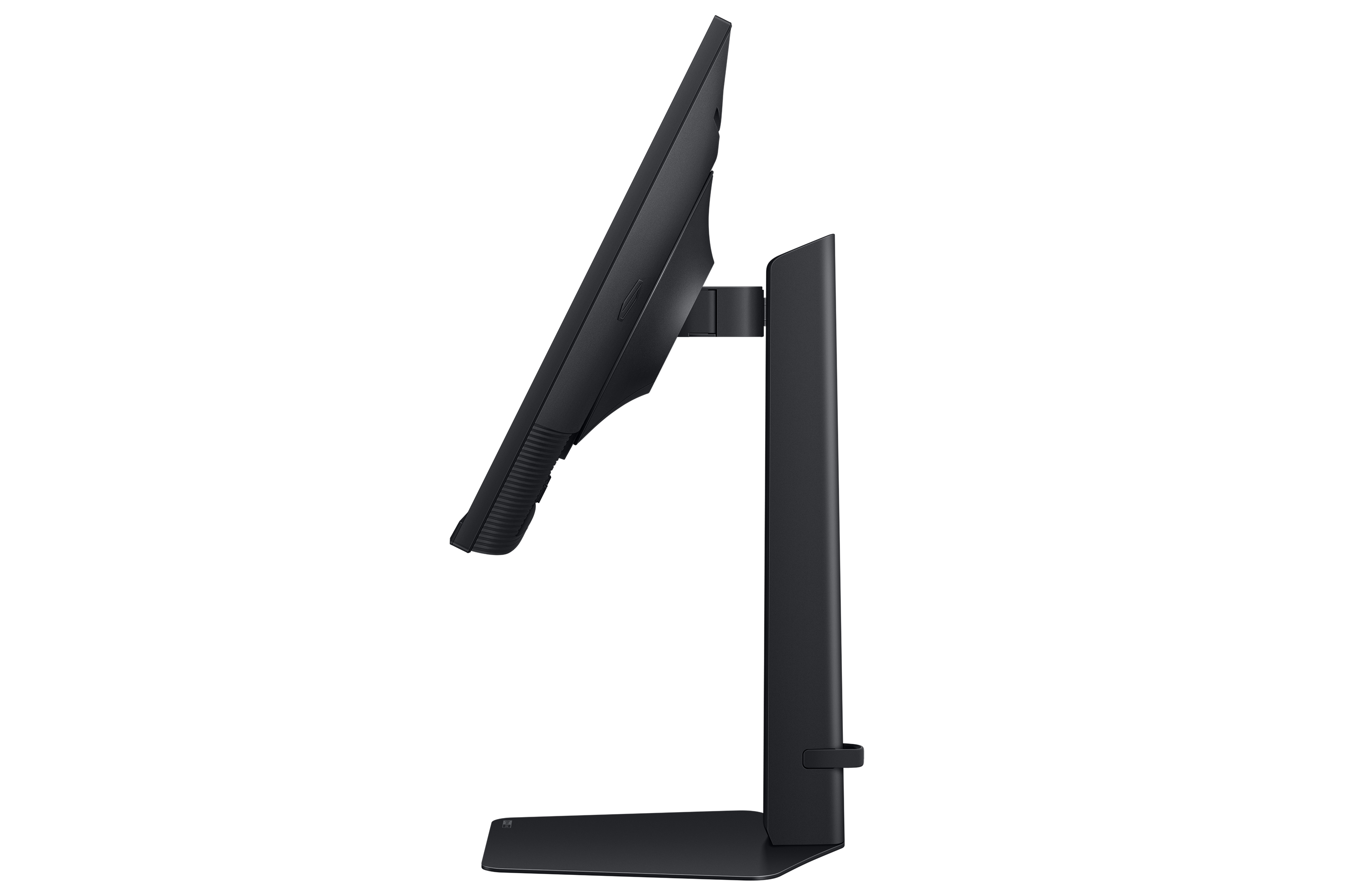 Widok z boku czarnego monitora komputera na czarnym stojaku. Ekran jest pochylony. Tło jest gładkie.