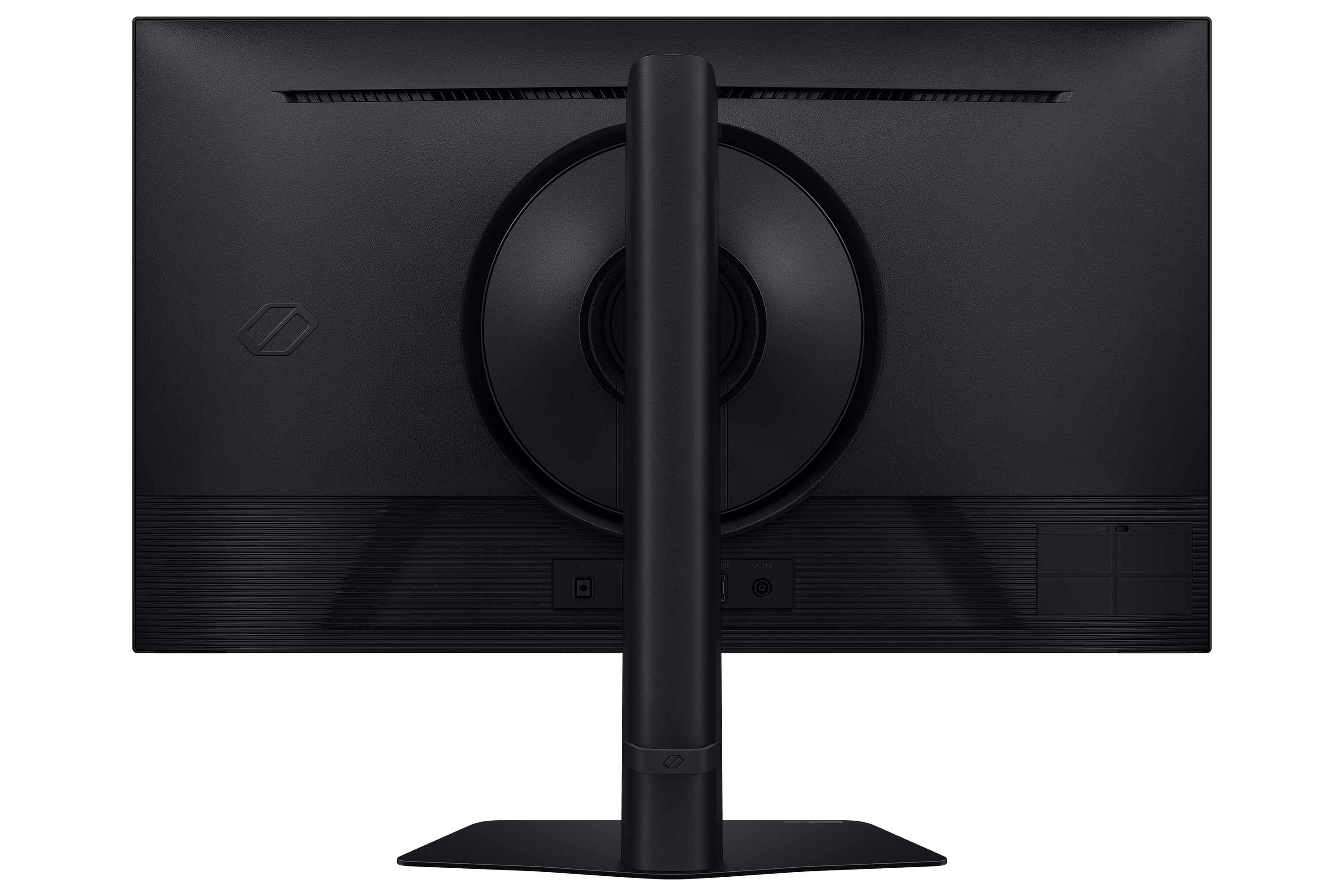 The back of a black computer monitor is shown. It features a stand, ports, and the brand logo.