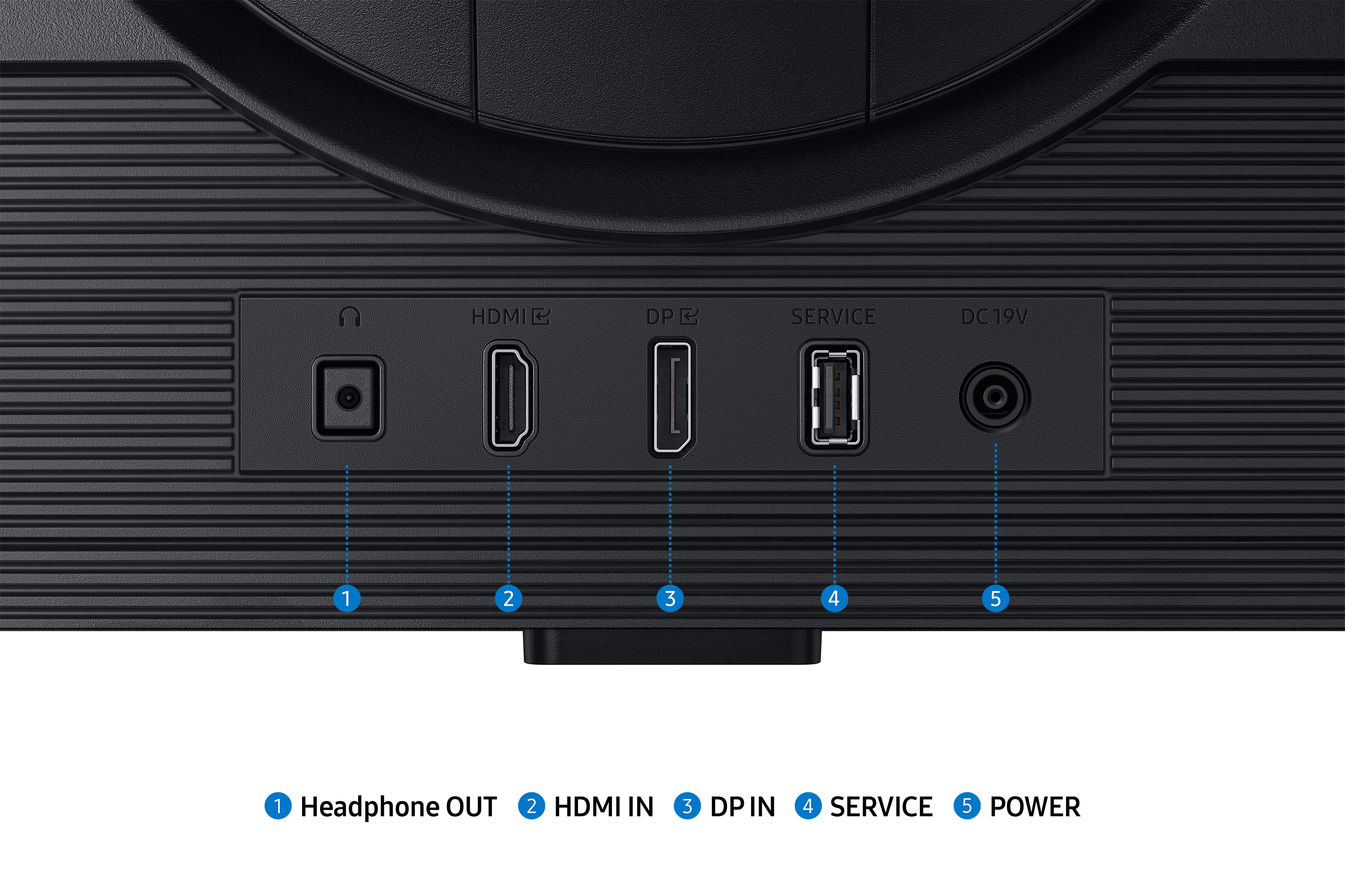Tył czarnego monitora z portami: słuchawki, HDMI, DP, serwis, USB i DC 19V.