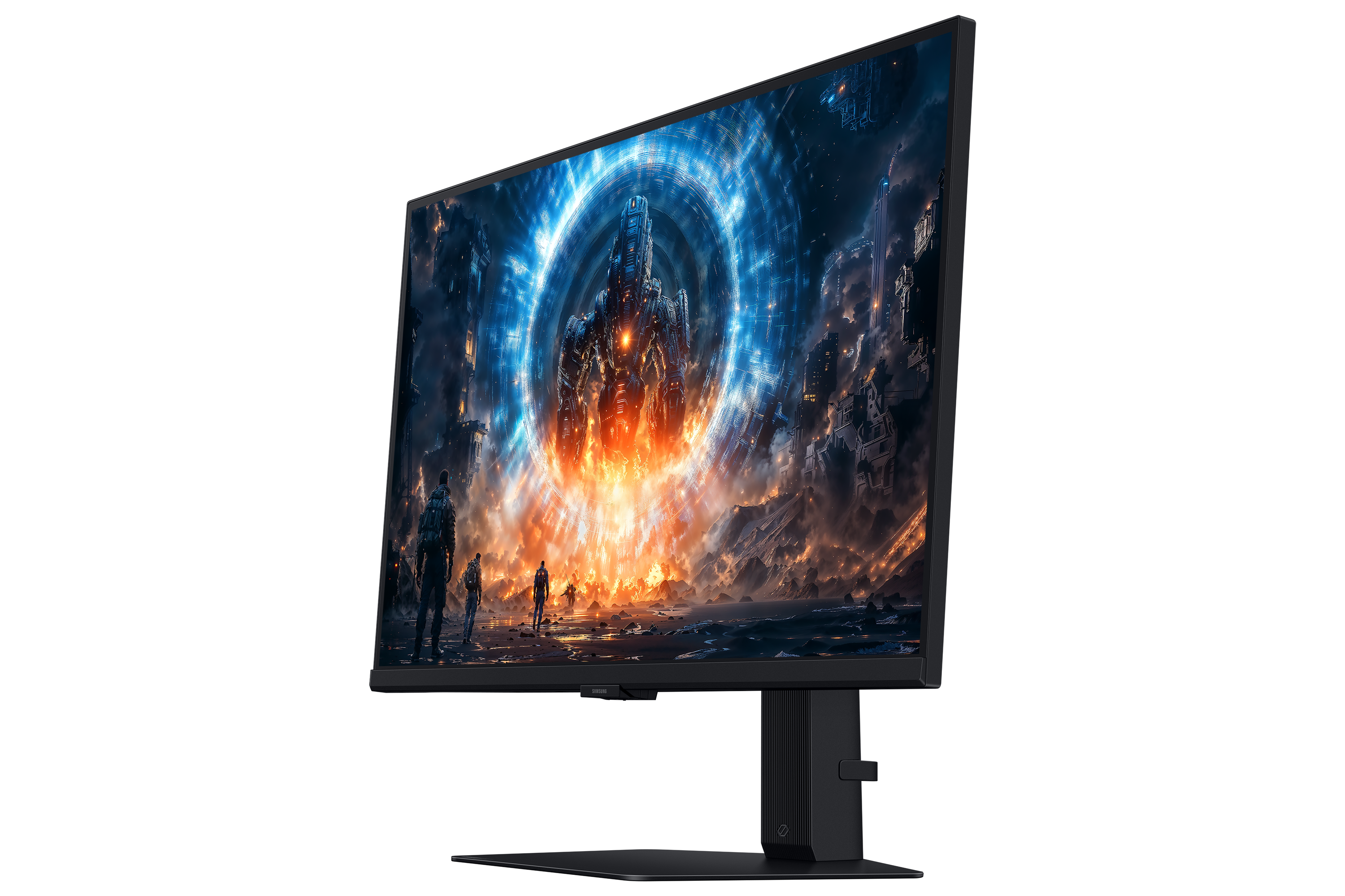 Monitor wyświetla scenę sci-fi z postaciami patrzącymi na portal z postacią robota.