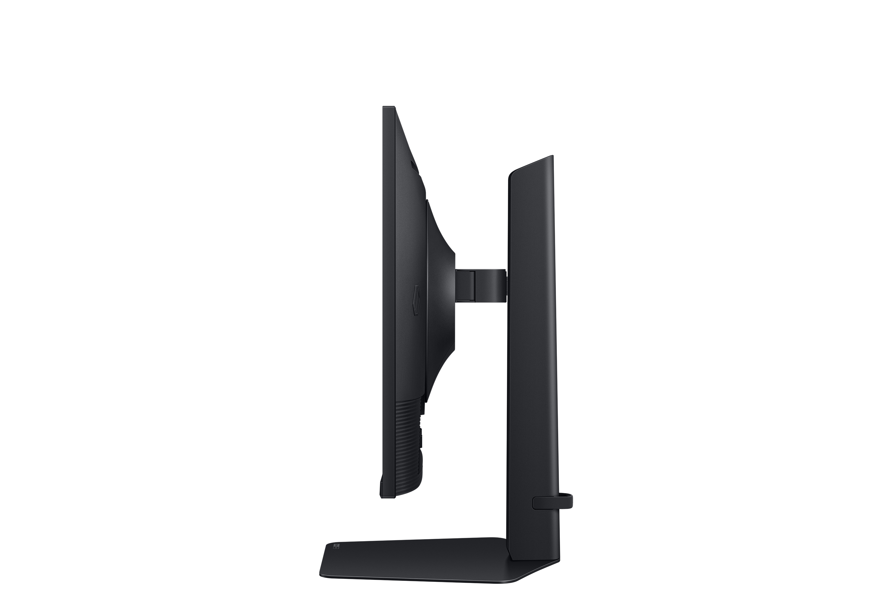 Czarny monitor komputera jest pokazany z boku. Jest na białym tle. Stojak jest na dole.