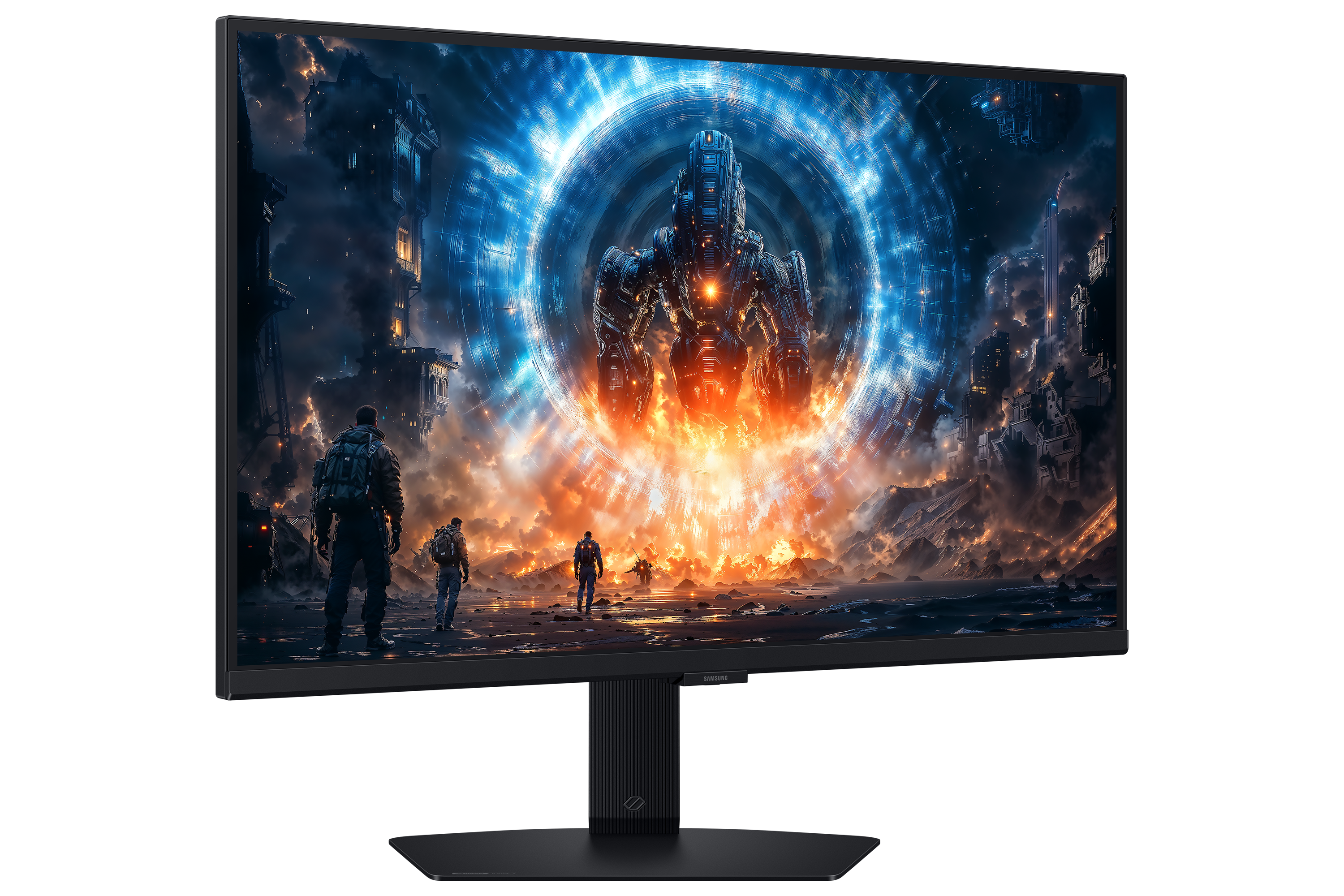 Scena science fiction na monitorze przedstawia żołnierzy idących w kierunku portalu z robotem z przodu.