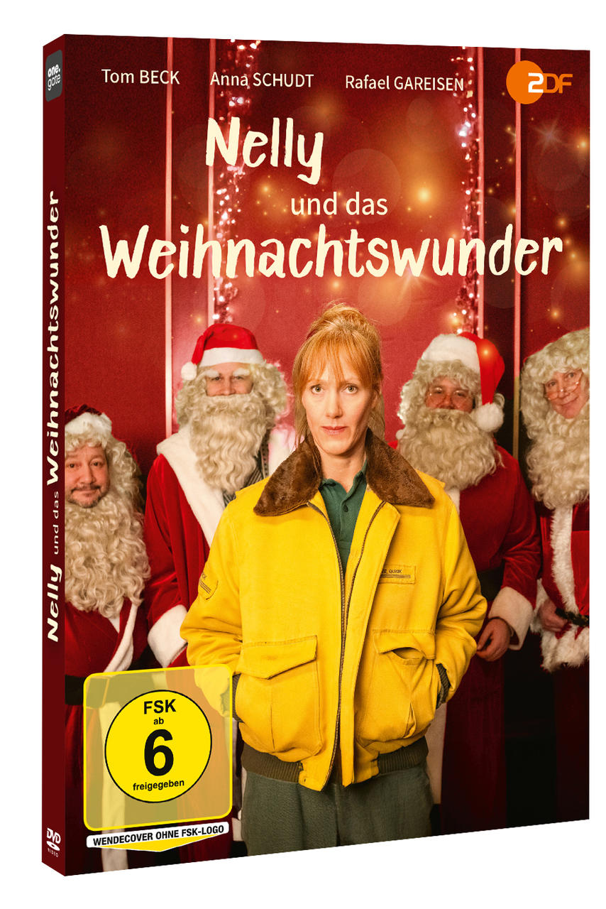 DVD-Cover eines Films mit dem Titel "Nelly und das Weihnachtswunder". Eine Frau in gelber Jacke steht mit Weihnachtsmännern.