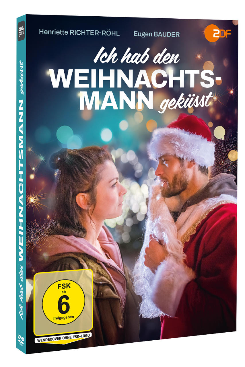 DVD-Cover. Frau blickt Mann im Weihnachtsmann-Anzug an. Text: 'Ich hab den WEIHNACHTSMANN geküsst'. FSK 6 Logo sichtbar.