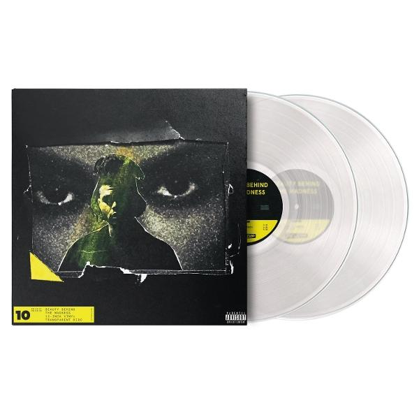 Albumcover mit dem Gesicht eines Mannes und Augen, Vinylplatten in klarem Kunststoff. Schwarzes und gelbes Label mit Text.
