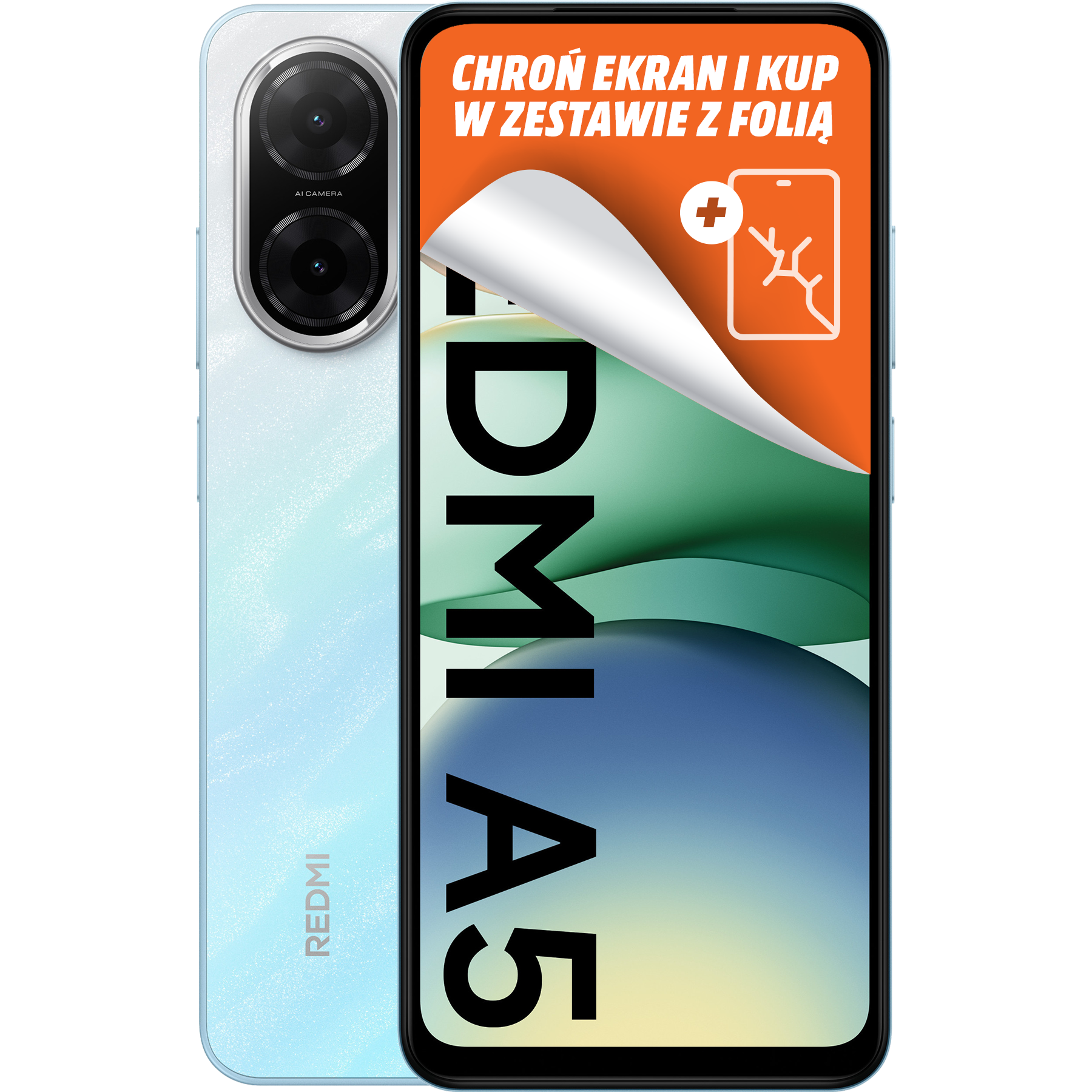 Jasnoniebieski telefon Redmi A5 z odrywaną folią ochronną, odsłaniającą ekran. Telefon posiada podwójny aparat.