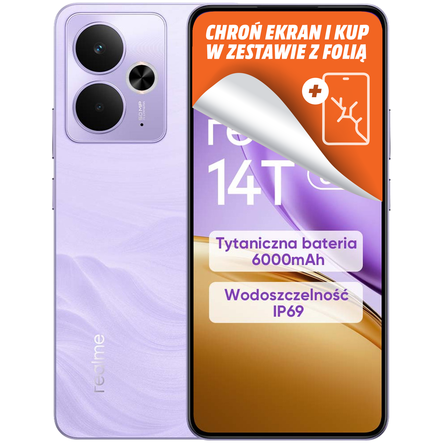 Fioletowy telefon Realme z ofertą ochrony ekranu. Zawiera baterię 6000mAh i wodoodporność IP69.