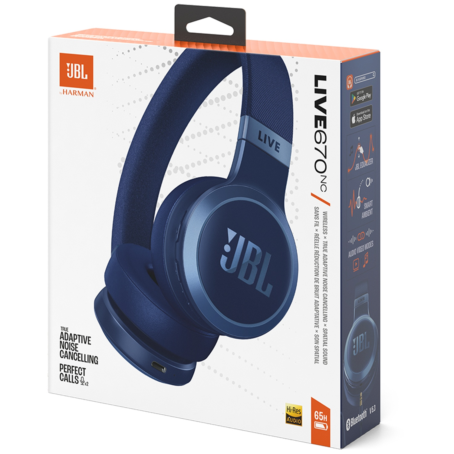 Eine Schachtel mit JBL Live 670NC Kopfhörern. Die Schachtel ist weiß und orange, mit den Kopfhörern in der Mitte. Die Kopfhörer sind marineblau.