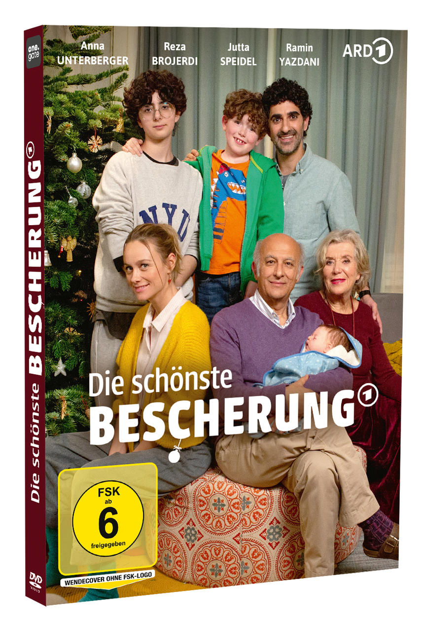 Das DVD-Cover von 'Die schönste Bescherung' zeigt eine Familie, einen Weihnachtsbaum und das FSK 6-Logo. Der Titel ist prominent.