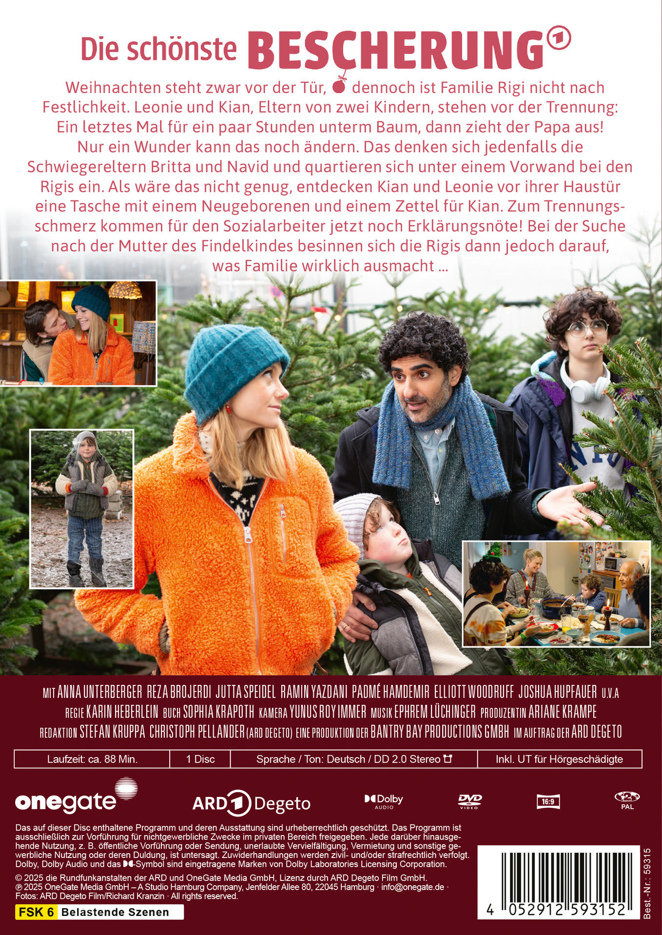 Filmplakat mit Besetzung. Frau in orange Jacke, Mann mit blauem Schal, Familie in Winterszene.