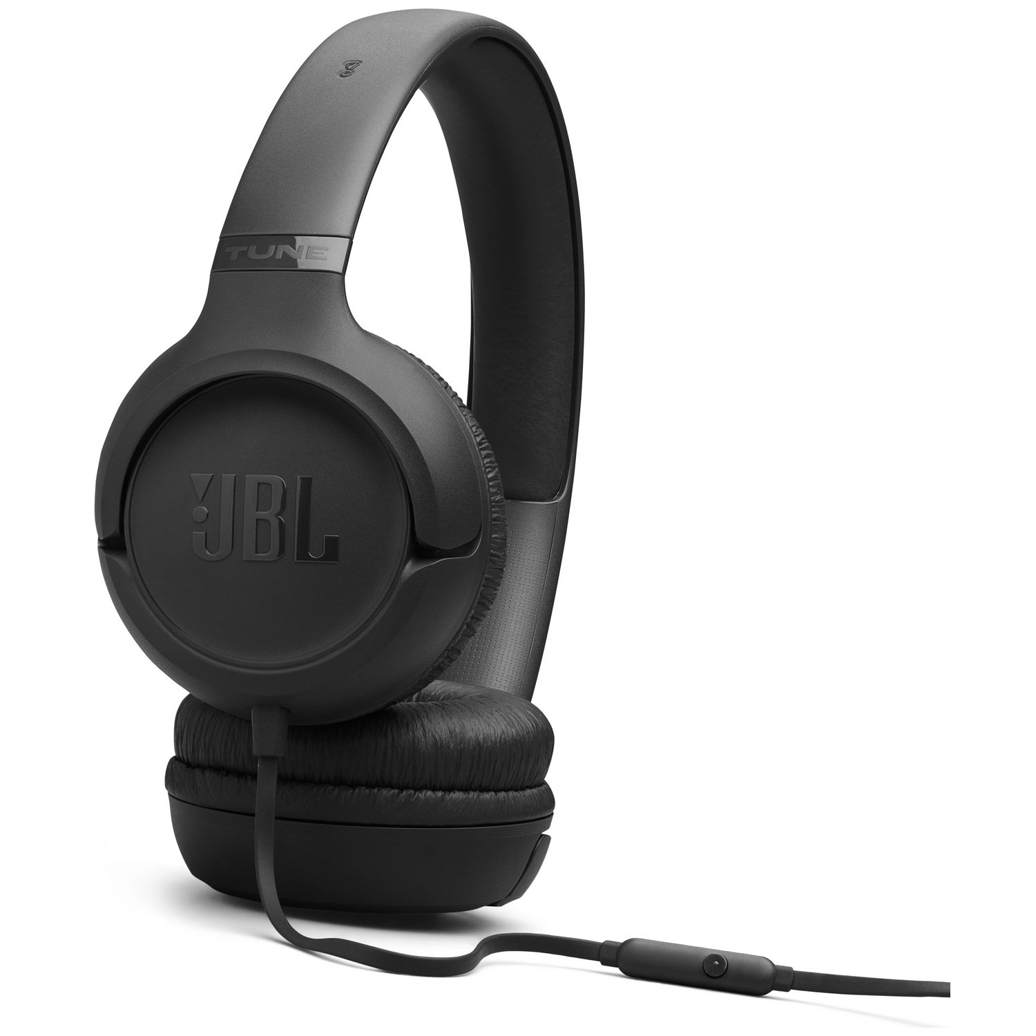 Black JBL Tune headphones with a cable and a control button, set against a white background. The headphones are angled.