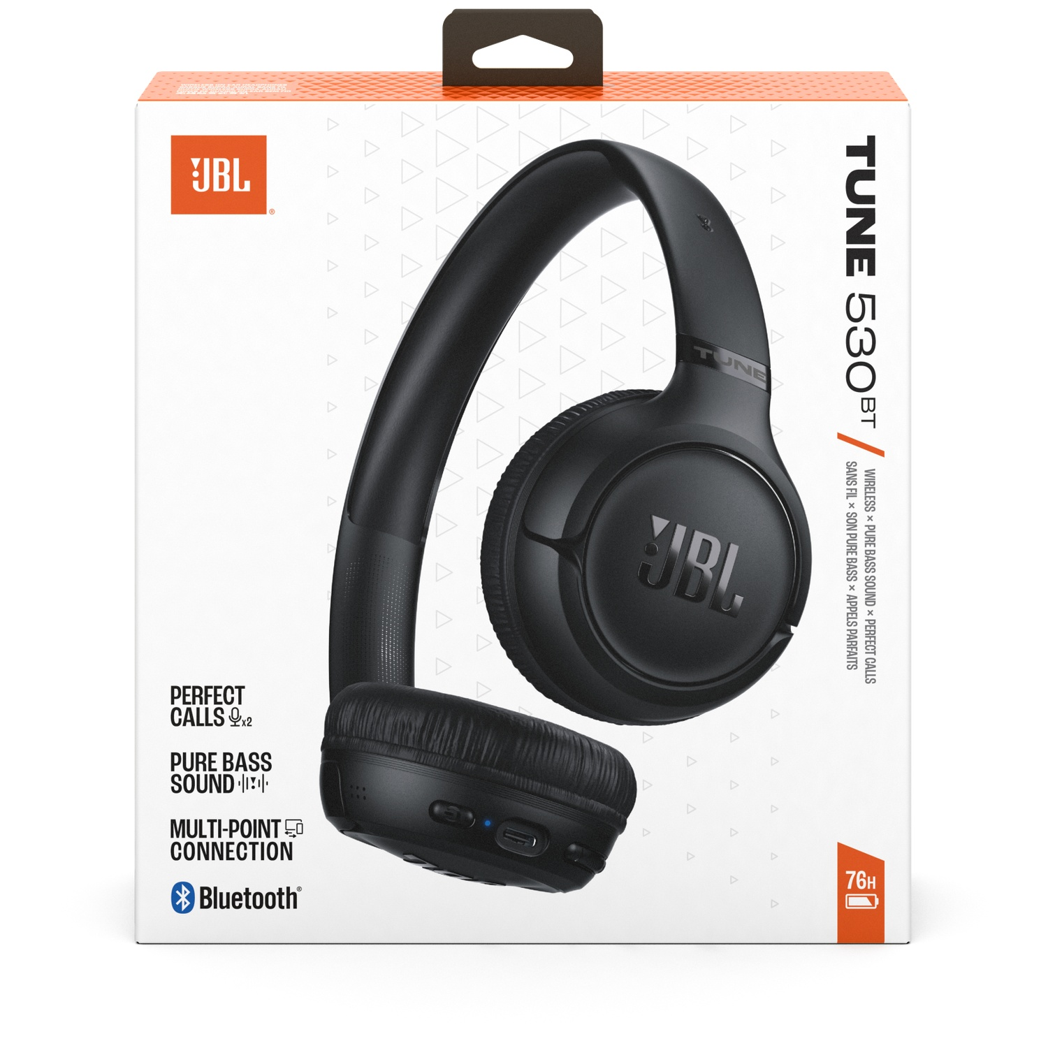 Black JBL Tune 530BT headphones in a box. Features include Pure Bass Sound, Multi-Point Connection, and Bluetooth.