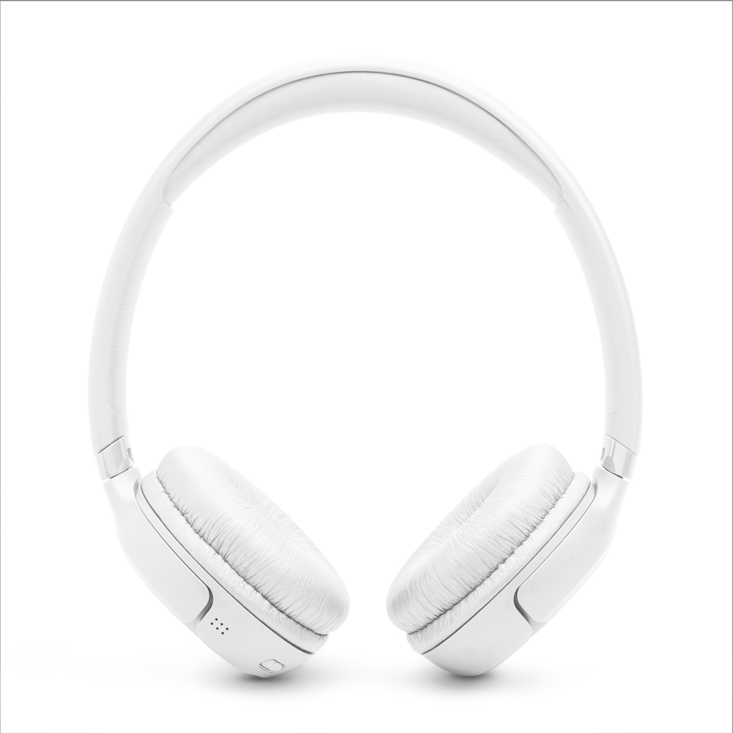 Casque blanc centré sur fond blanc. Le casque a un design d'écouteur rembourré et un bandeau incurvé.