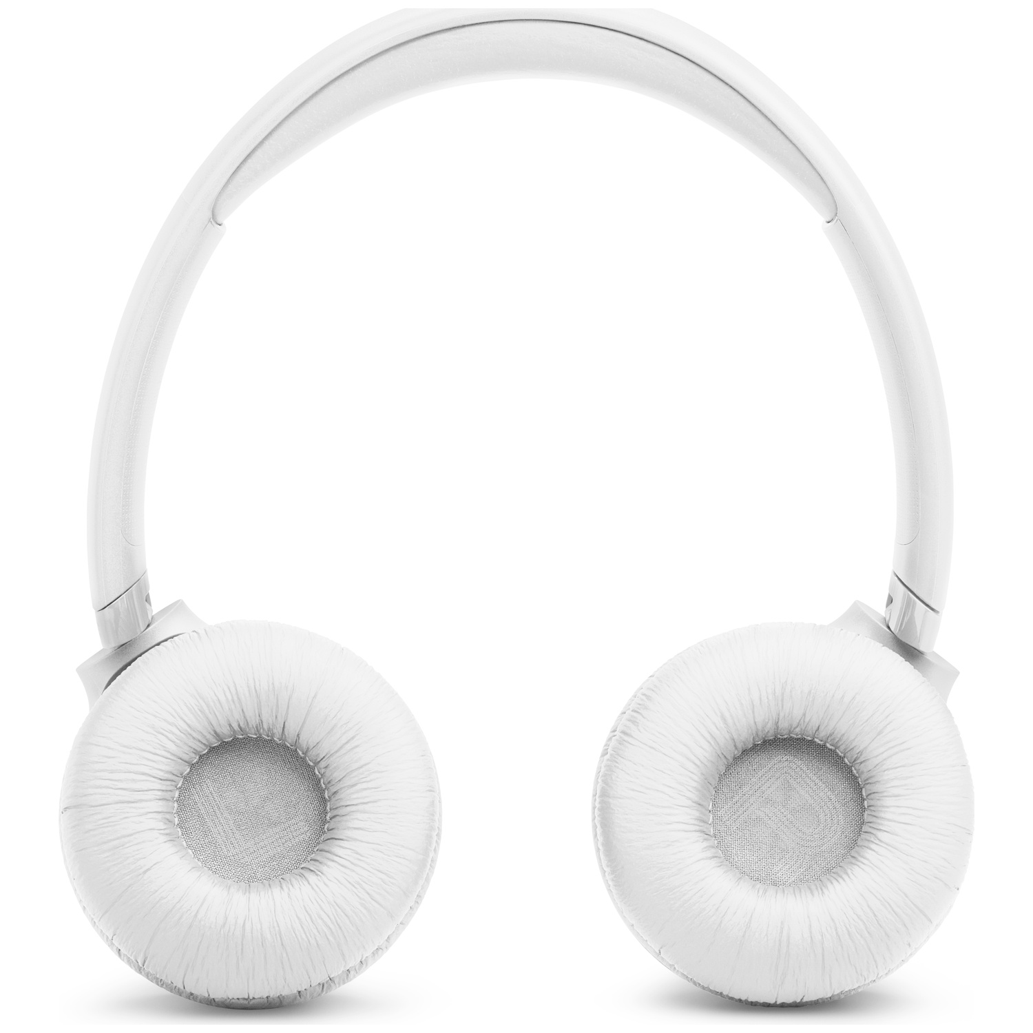 Casque blanc. L'arceau se courbe vers le haut. Les écouteurs sont ronds et rembourrés. Une maille gris clair recouvre les haut-parleurs.