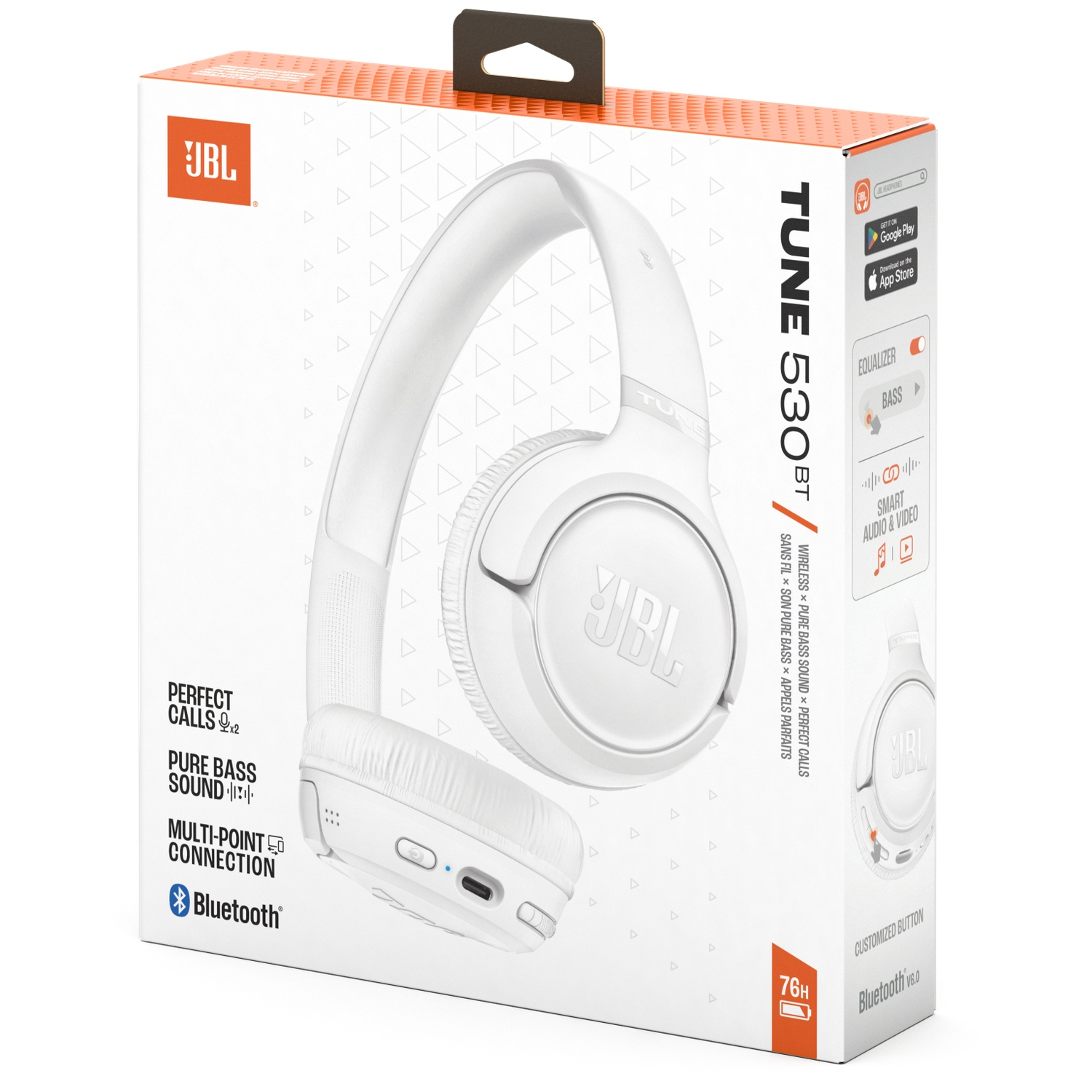 Casque blanc JBL Tune 530BT sur une boîte blanche. Caractéristiques : Bluetooth, connexion multipoint et appels parfaits.