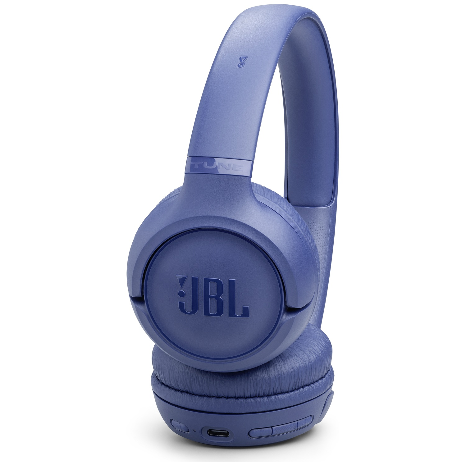 Een blauwe JBL Tune 510BT draadloze hoofdtelefoon. De hoofdtelefoon staat op een witte achtergrond. Het JBL-logo is zichtbaar.