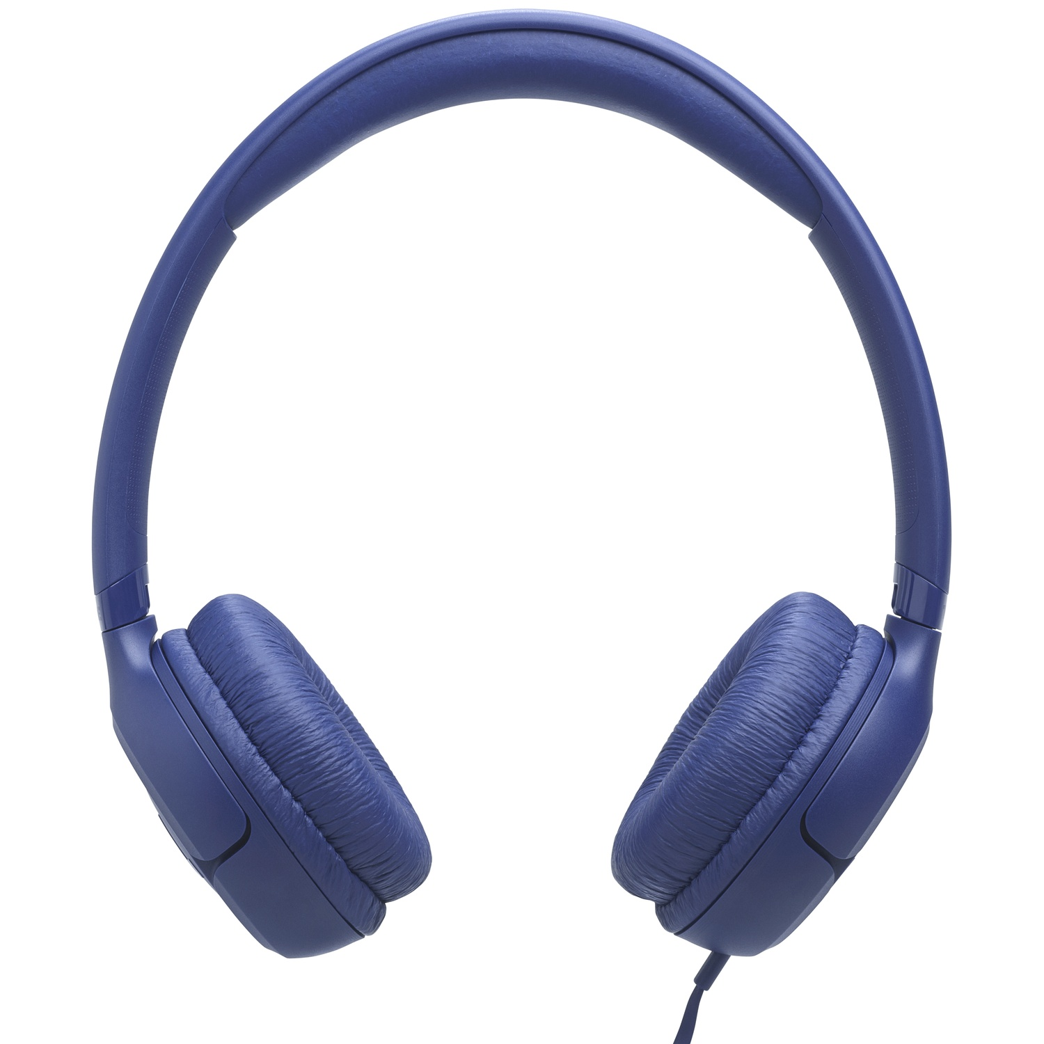 Blauwe over-ear koptelefoon, gecentreerd op een witte achtergrond. De koptelefoon heeft een gewatteerde hoofdband en oorschelpen, met een kabel.