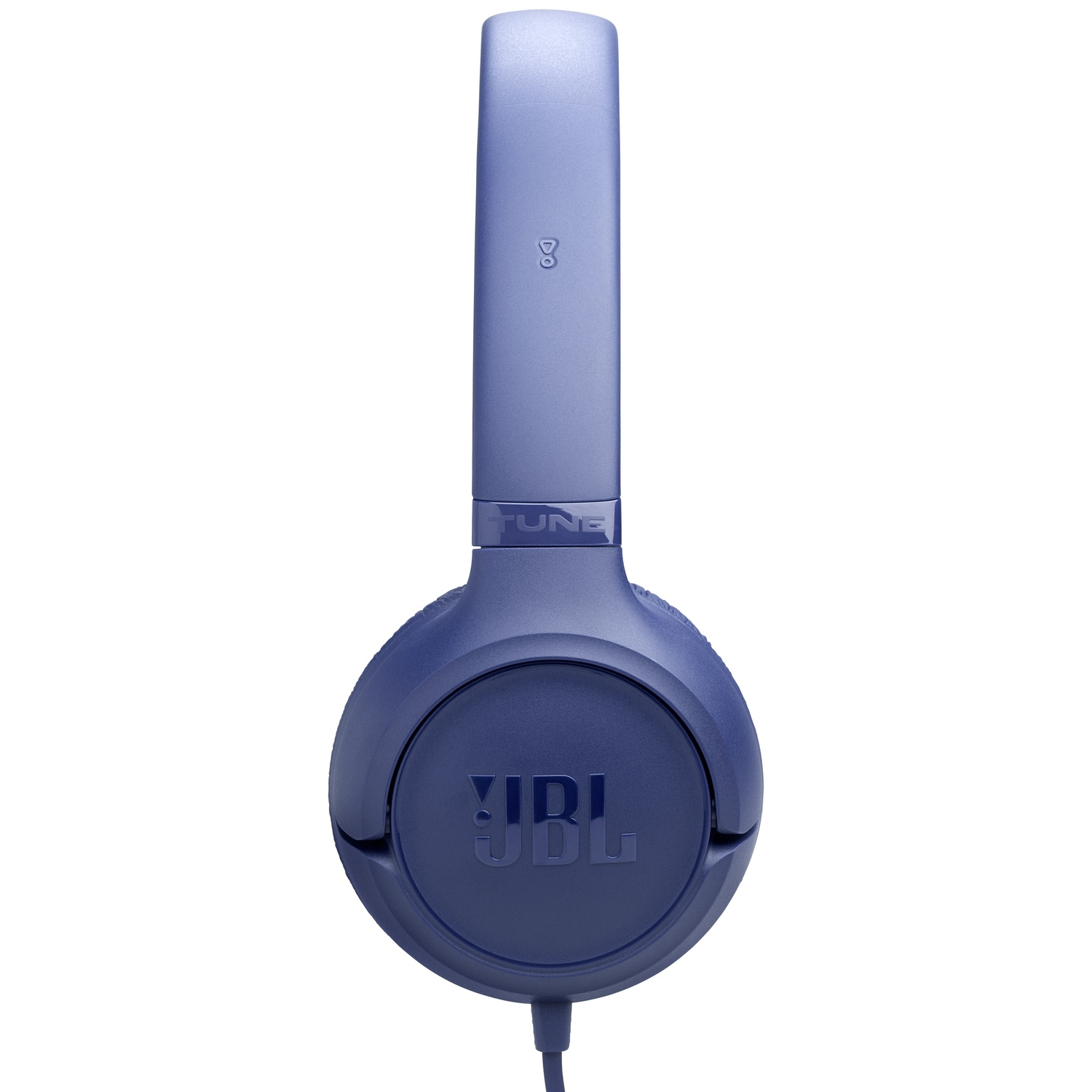 Een paar blauwe JBL Tune 510BT hoofdtelefoons, gecentreerd op een witte achtergrond. De hoofdtelefoon is bedraad en heeft het JBL-logo.