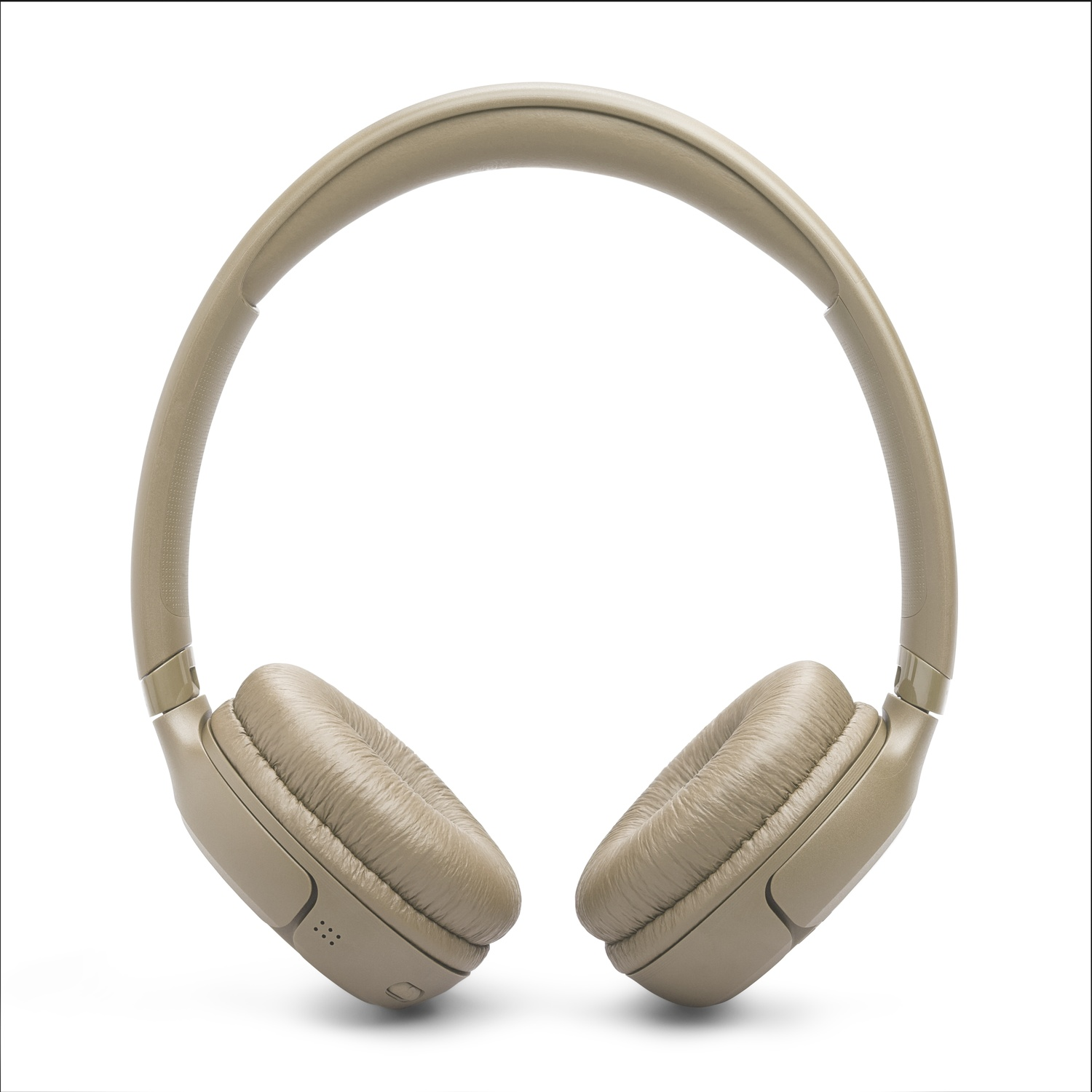 Casque audio beige centré sur fond blanc. Le casque a un bandeau et des coussinets rembourrés. La forme générale est circulaire.