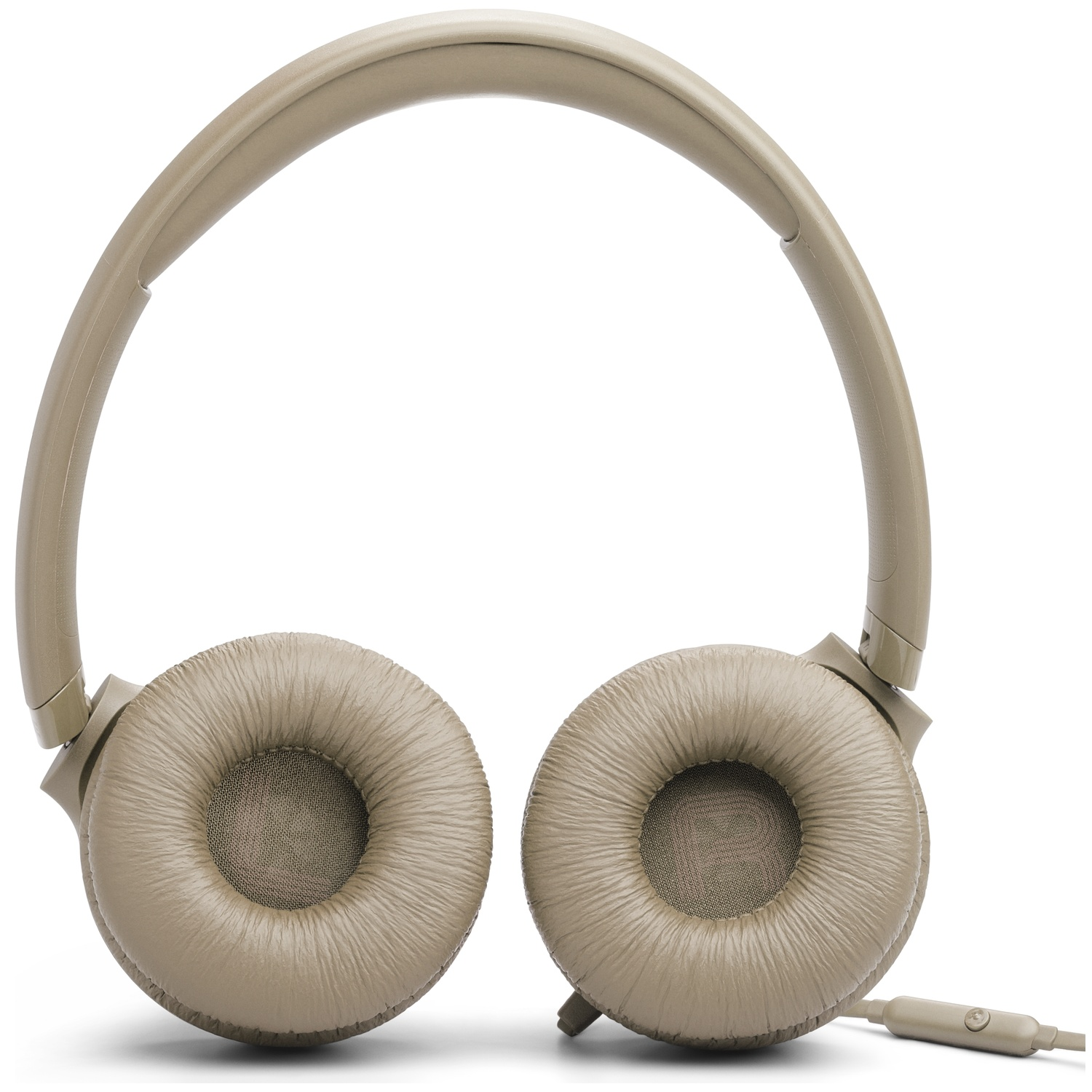 Casque beige, avec des écouteurs ronds et une bande de connexion. Un câble part de l'écouteur droit.