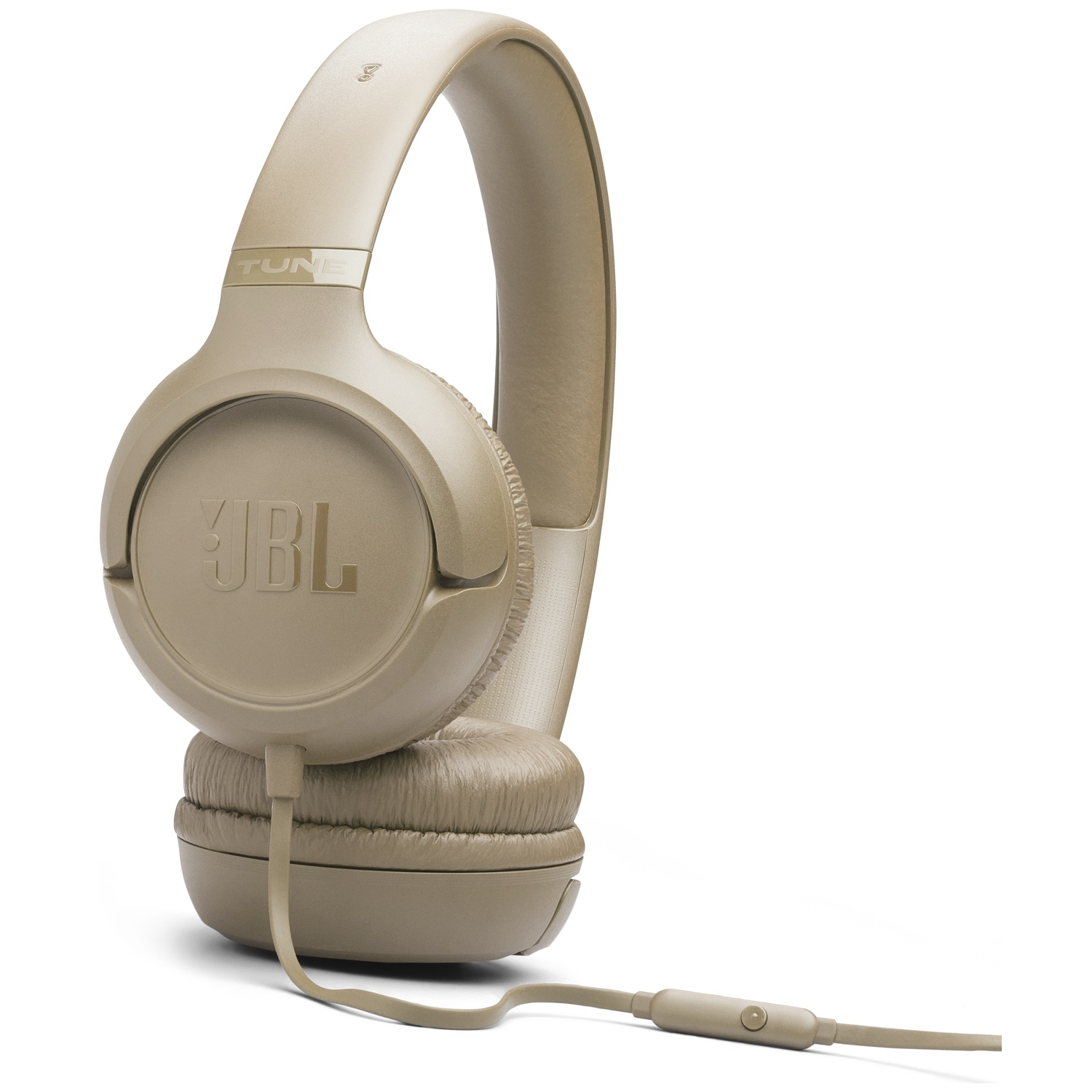 Casque JBL beige avec câble, incliné vers la droite, sur fond blanc.
