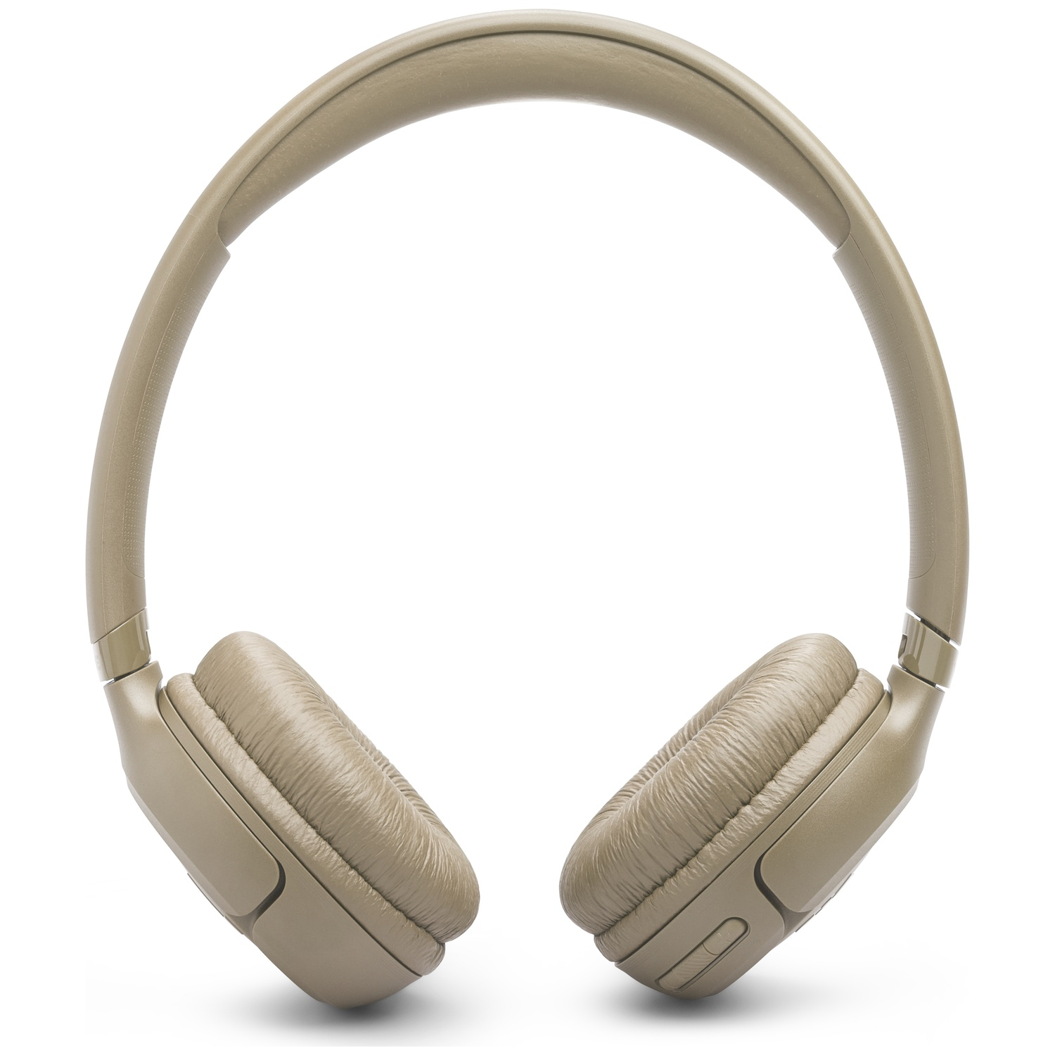 Casque audio beige sur fond blanc. Le casque est de type supra-auriculaire, avec des coussinets rembourrés et un arceau.